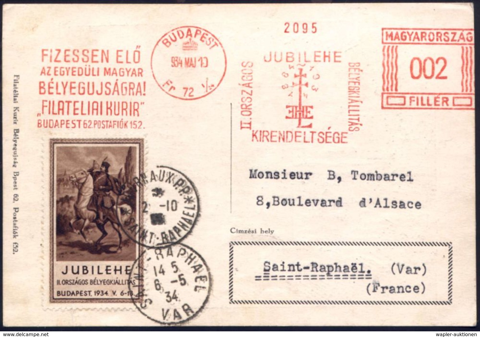 UNGARN 1934 (10.5.) AFS 002 F.: BUDAPEST/Fr 72/II. ORSZAGOS/JUBILEHE/BELYEGKALLITAS/ KIRENDELTSEGE/ .."FILATELIAI-KURIR" - Expositions Philatéliques