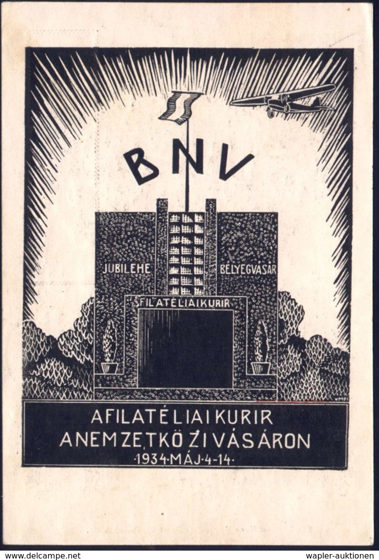 UNGARN 1934 (10.5.) AFS 002 F.: BUDAPEST/Fr 72/II. ORSZAGOS/JUBILEHE/BELYEGKALLITAS/ KIRENDELTSEGE/ .."FILATELIAI-KURIR" - Expositions Philatéliques