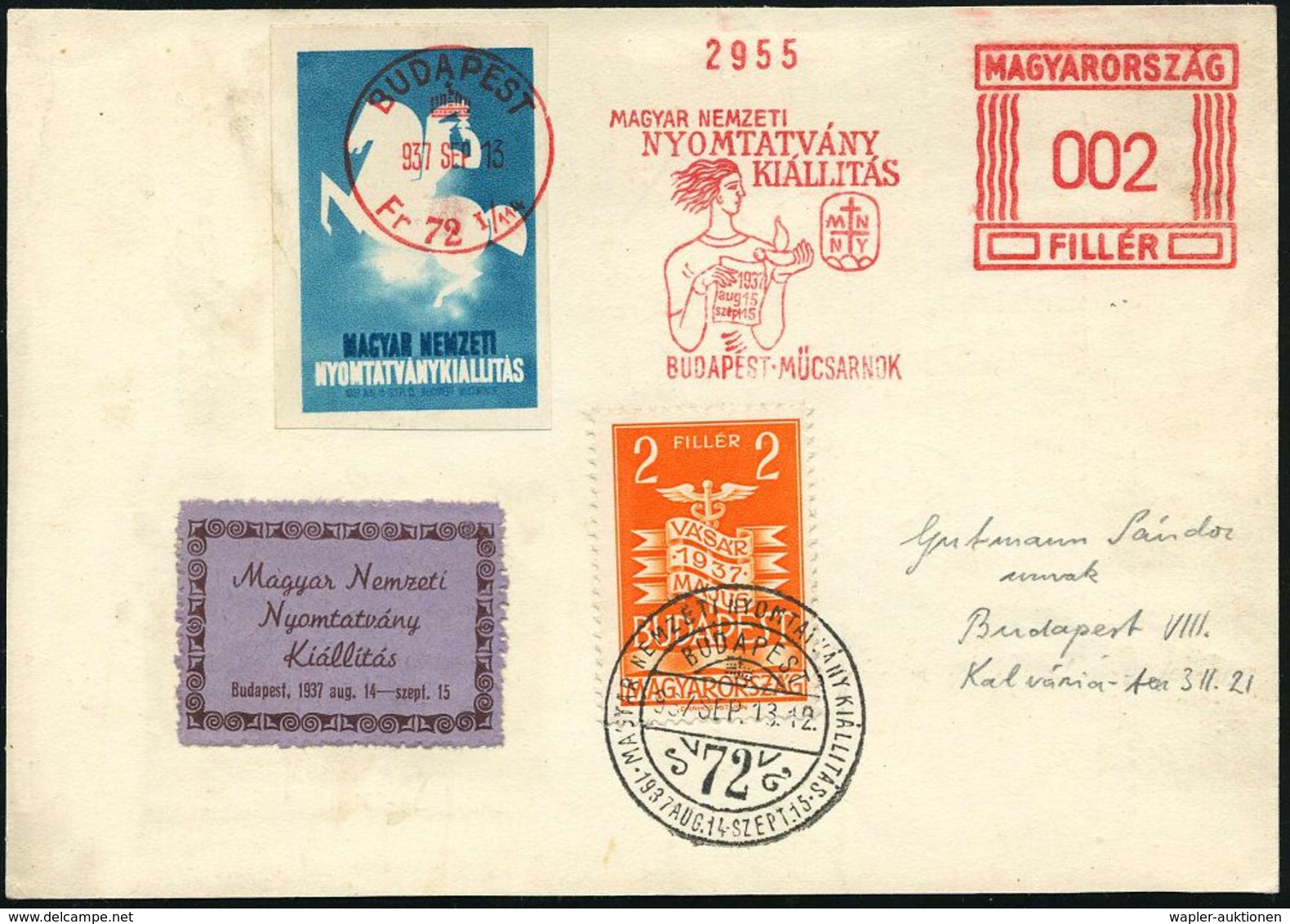 UNGARN 1937 (13.9.) AFS.: BUDAPEST/Fr 72 I-114/MAGYAR NEMZETI/NYOMTATVANY/KIALLITAS.. (Figur M. Flammenschale, Kreuz-Mon - Philatelic Exhibitions