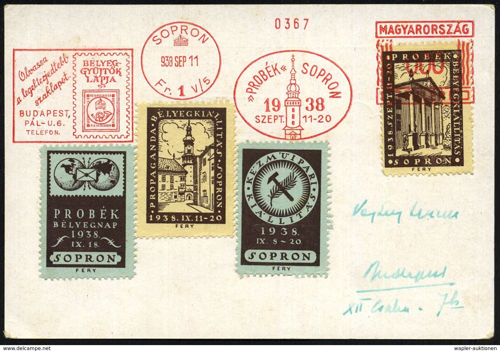 UNGARN 1938 (11.9.) AFS: SOPRON/Fr. 1 V/5/"PROBEK" SOPRON/1938/BELYEG-/GYÜJTÖK/LAPJA.. Ungar. Briefmarke, Turm) In 000 A - Filatelistische Tentoonstellingen