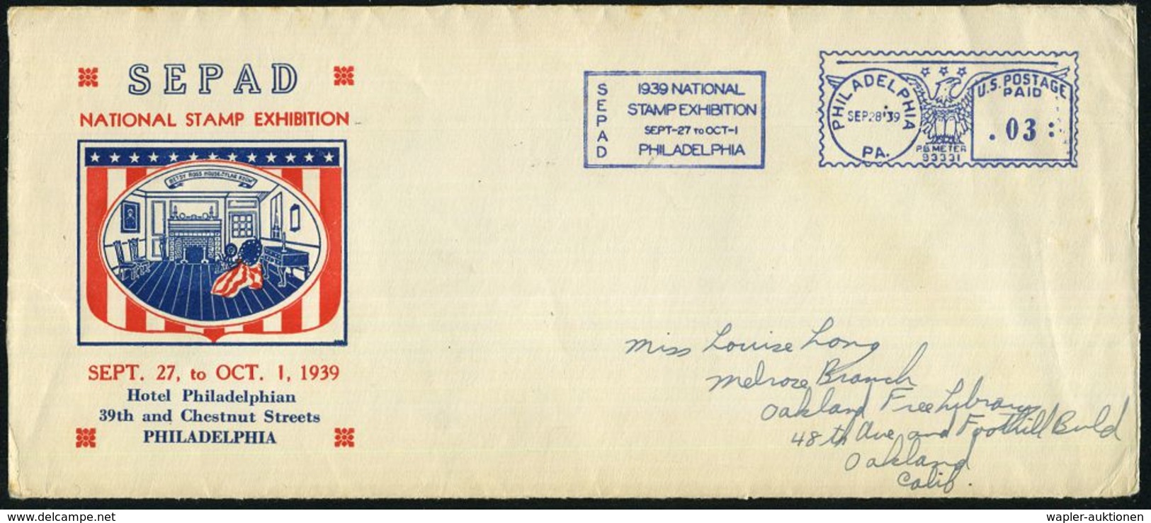 U.S.A. 1939 (28.9.) Blauer AFS.: PHILADELPHIA/PA./PB METER/93331/SEPAD/1939 NATIONAL/STAMP EXHIBITION.. Klar Auf Inl.-Co - Filatelistische Tentoonstellingen