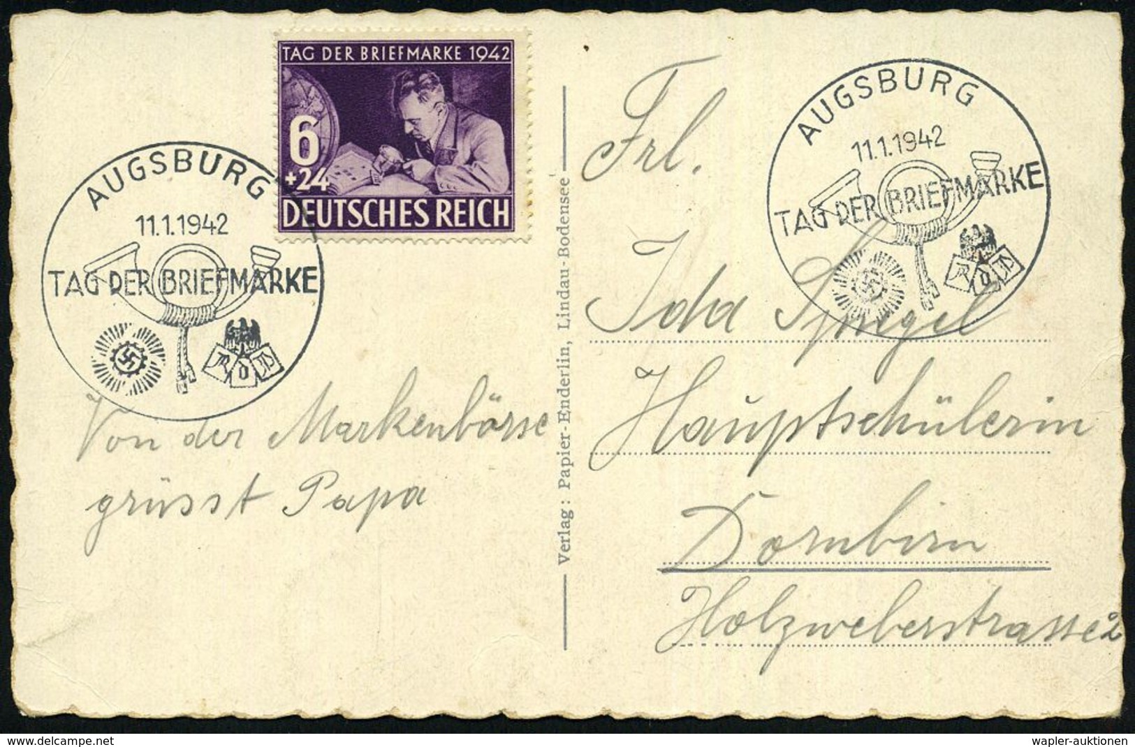 AUGSBURG/ TAG DER BRIEFMARKE 1942 (11.1.) SSt (Posthorn Etc.) 2x Auf EF 6 Pf.+ 24 Tag Der Briefmarke (Mi.811 ,EF + 8.- E - Día Del Sello