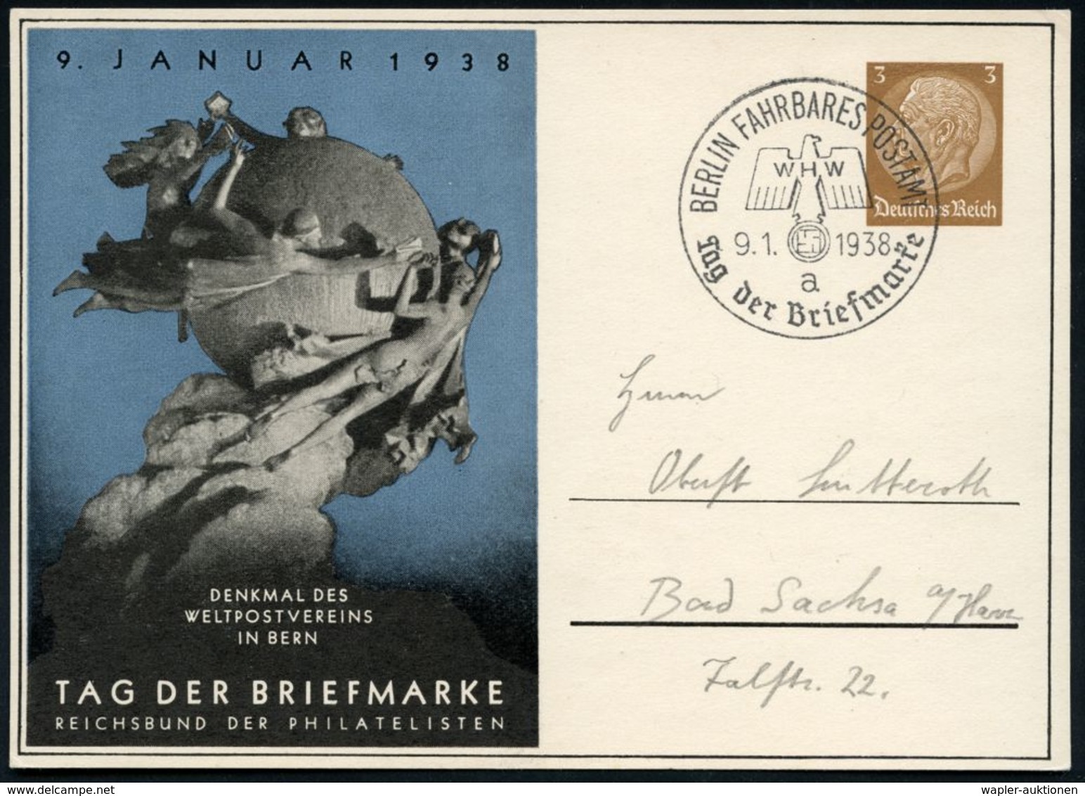 BERLIN FAHRBARES POSTAMT/ WHW/ A/ Tag D.Briefmarke 1938 (8.1.) SSt Auf PP 3 Pf. Hindenbg., Braun: TAG DER BRIEFMARKE.. = - Stamp's Day