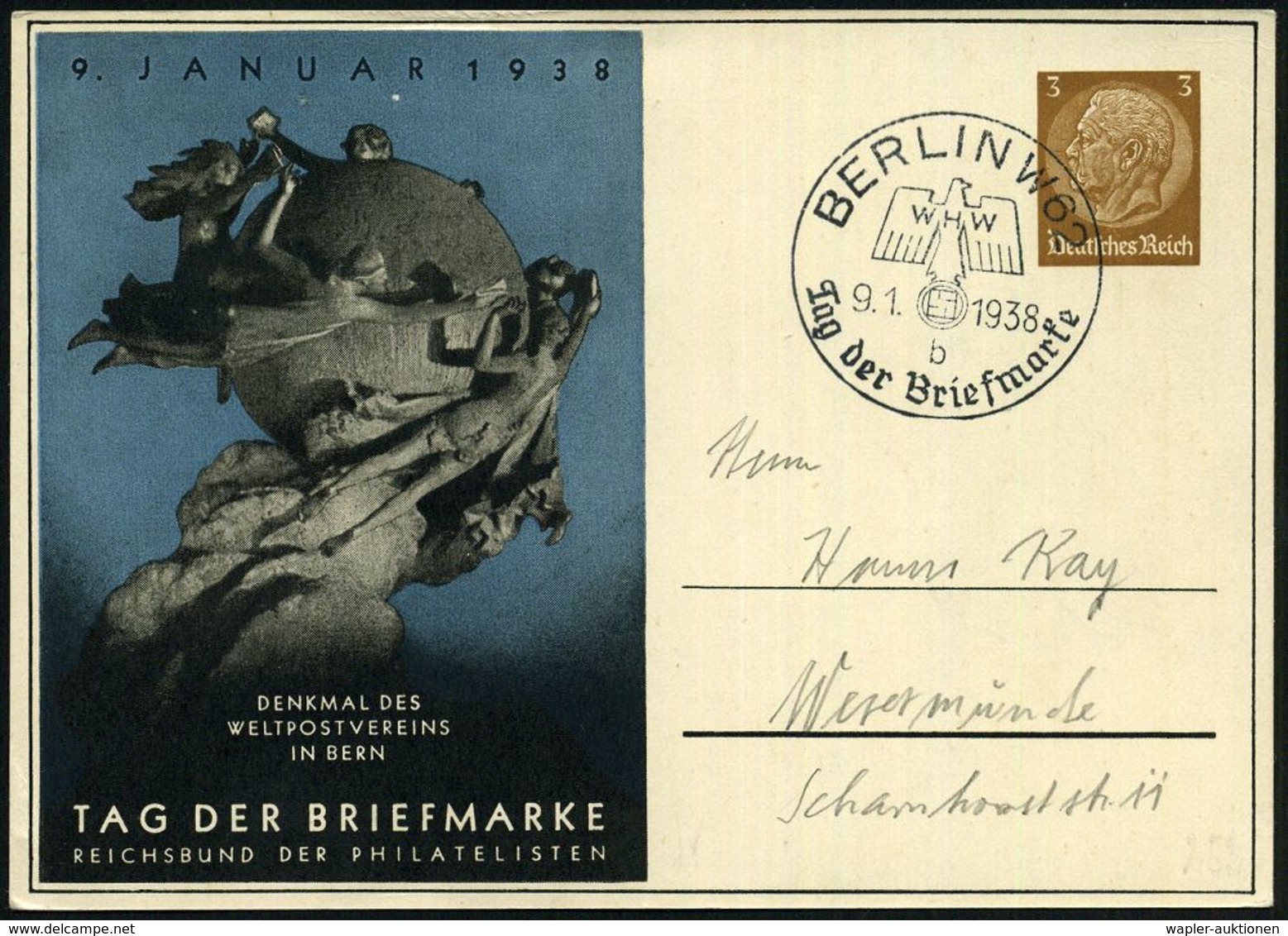 BERLIN W62/ WHW/ B/ Tag Der Briefmarke 1938 (9.1.) SSt Auf PP 3 Pf. Hindenbg., Braun: TAG DER BRIEFMARKE.. = UPU-Denkmal - Dag Van De Postzegel