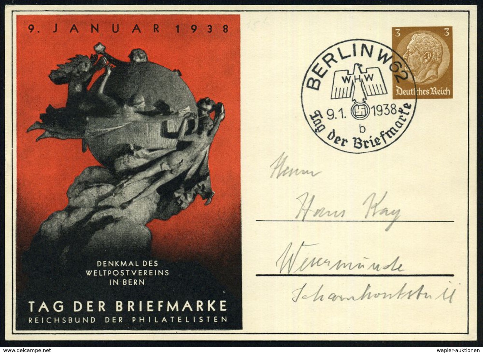 BERLIN W62/ WHW/ B/ Tag D.Briefm. 1938 (9.1.) SSt Auf PP 3 Pf. Hindenbg., Braun: TAG DER BRIEFMARKE.. = UPU-Denkmal  R O - Giornata Del Francobollo