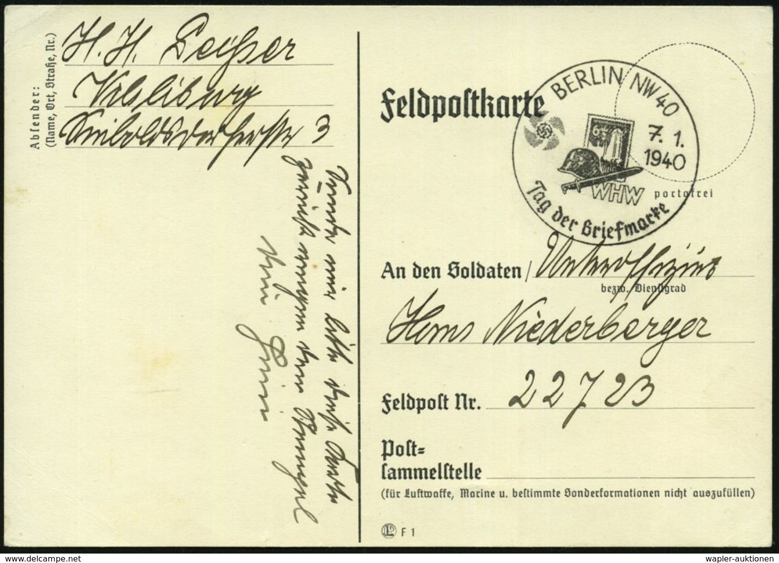 BERLIN NW 40/ WHW/ Tag Der Briefmarke 1940 (7.1.) SSt = Danzig-Marke 6 Pf. (u. Stahlhelm, Bajonett) Klar Gest. Feld-post - Dag Van De Postzegel