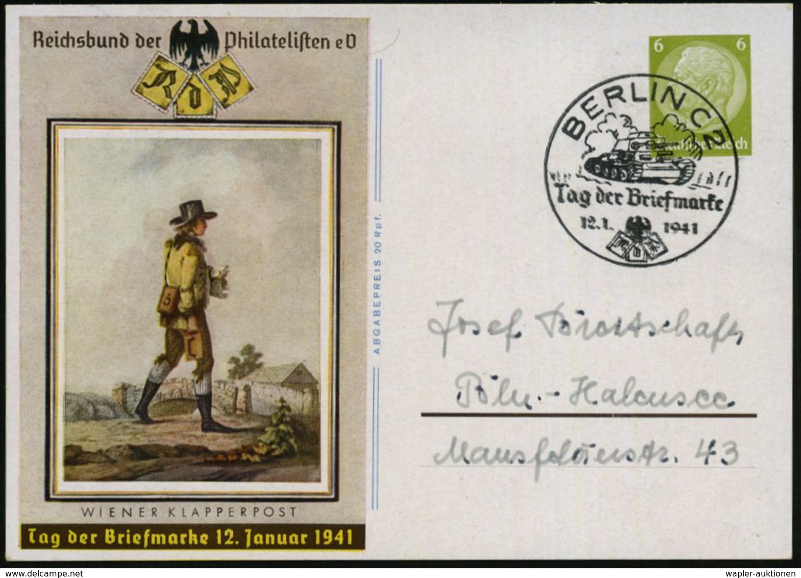 BERLIN C2/ Tag Der Briefmarke 1941 (12.1.) SSt = Panzer II Auf Sonder-P 6 Pf. Hindenbg. Oliv: T.d.B. (P 241, + 12.- EUR) - Dag Van De Postzegel
