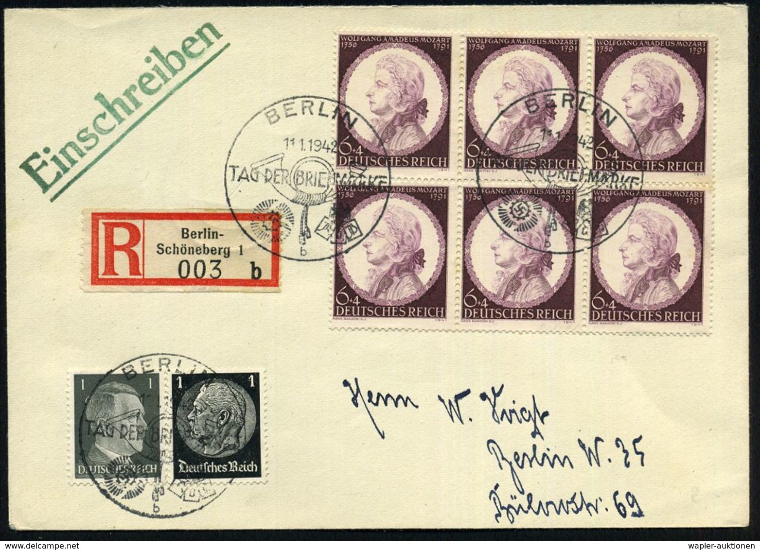 BERLIN/ TAG DER BRIEFMARKE 1942 (11.1.) SSt (Posthorn) Auf Mozart 6er-Block (Mi.6x 810 U.a.) + RZ: Berlin-/Schöneberg 1/ - Dag Van De Postzegel