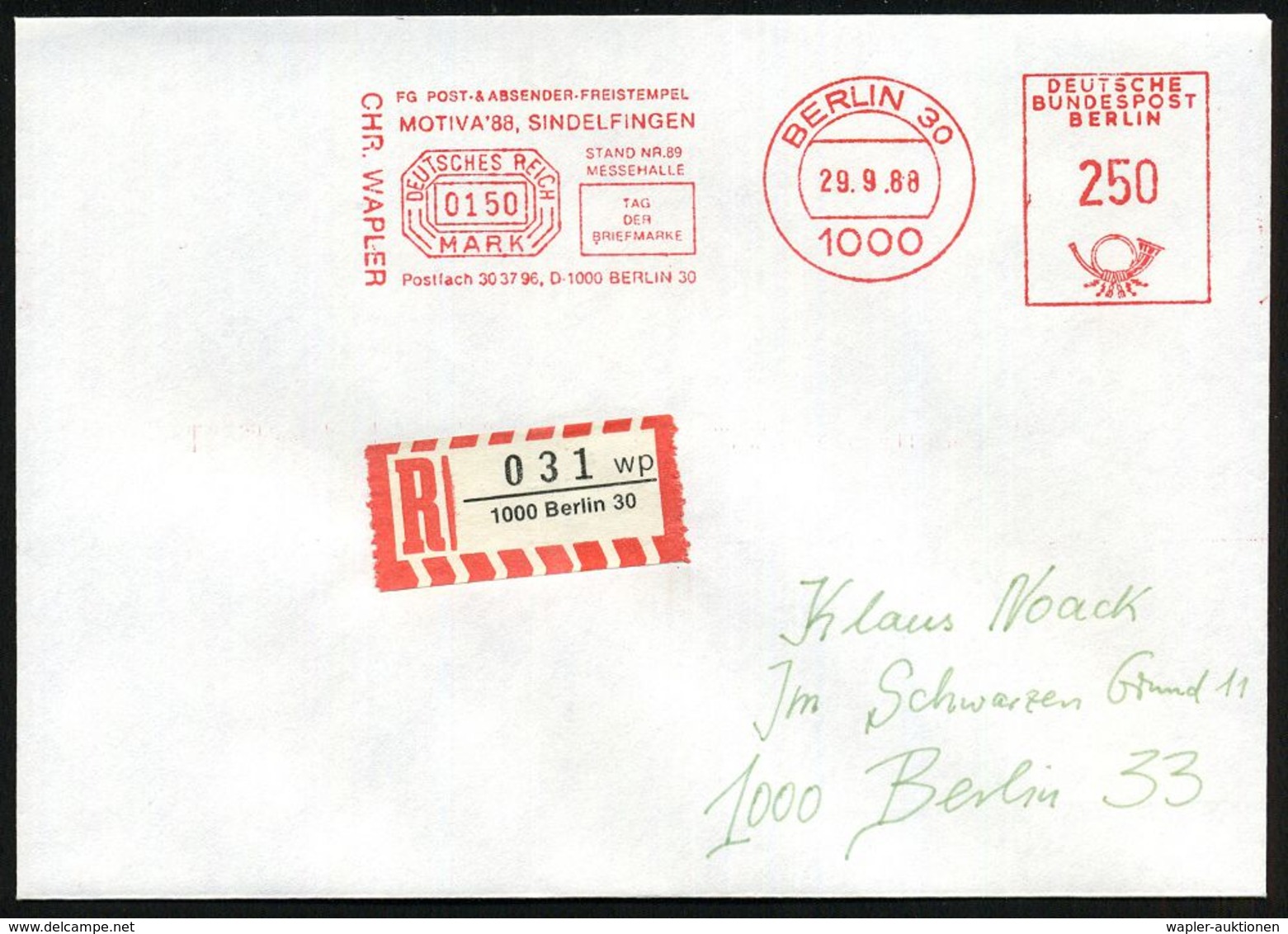 1000 BERLIN 30/ FG POST-& ABSENDER-FREISTEMPEL/ MOTIVA'88 SINDELFINGEN/ TAG/ DER/ BRIEFMARKE.. 1988 (29.9.) AFS 250 Pf.  - Dag Van De Postzegel