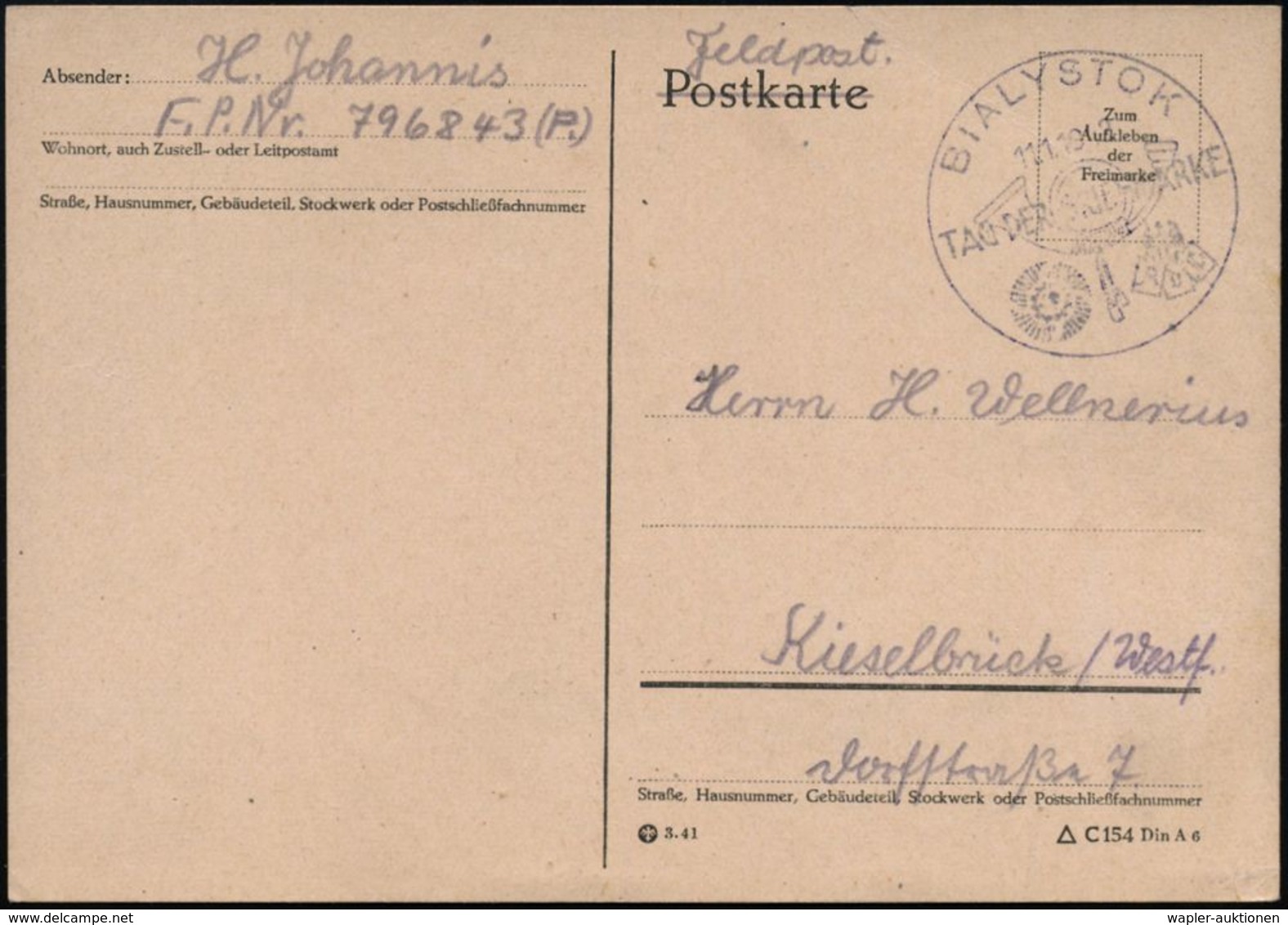 BIALYSTOK/ TAG DER BRIEFMARKE 1942 (11.1.) Seltener SSt (Posthorn)  Klar Auf Feldpost-Kt.! (Stempel War Eigentlich Zusch - Giornata Del Francobollo