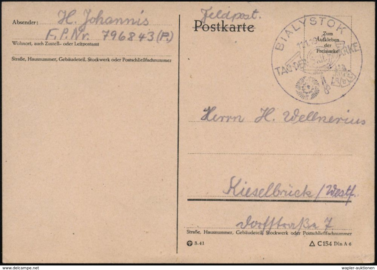 BIALYSTOK/ TAG DER BRIEFMARKE 1942 (11.1.) Seltener SSt (Posthorn)  Klar Auf Feldpost-Kt.! (Stempel War Eigentlich Zusch - Journée Du Timbre