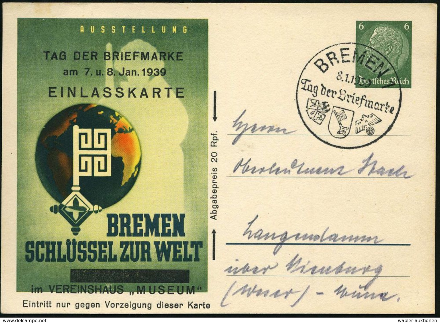 BREMEN 1/ Tag Der Briefmarke 1939 (8.1.) SSt Auf PP 6 Pf. Hindenbg., Grün: BREMEN/ SCHLÜSSEL ZUR WELT/ TAG DER BRIEFMARK - Tag Der Briefmarke