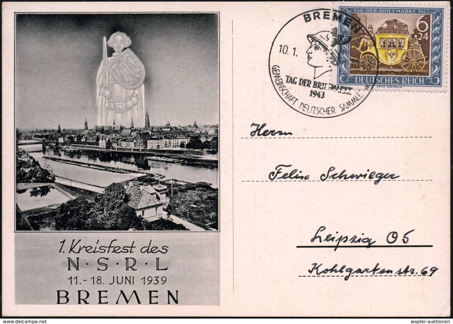 BREMEN/ TAG DER BRIEFMARKE/ GDS 1943 (10.1.) SSt = Merkurkopf EF 6 + 24 Pf. Tag D. Briefmarke (Mi.828 EF) Seltene Sonder - Dag Van De Postzegel