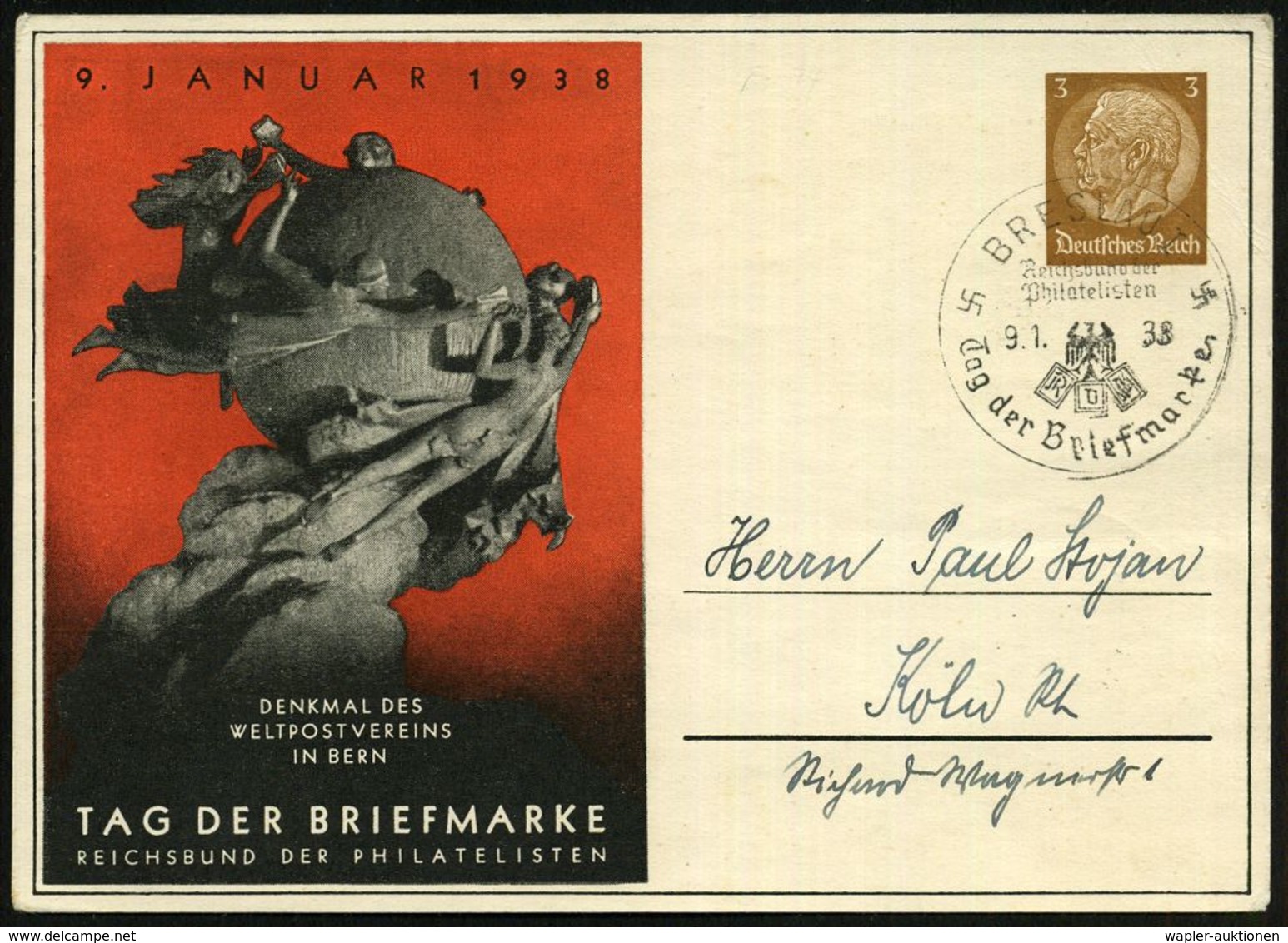 BRESLAU I/ ..R.d.Ph./ Tag D.Briefmarke 1938 (9.1.) SSt Auf PP 3 Pf. Hindenbg., Braun: TAG DER BRIEFMARKE.. = UPU-Denkmal - Dag Van De Postzegel