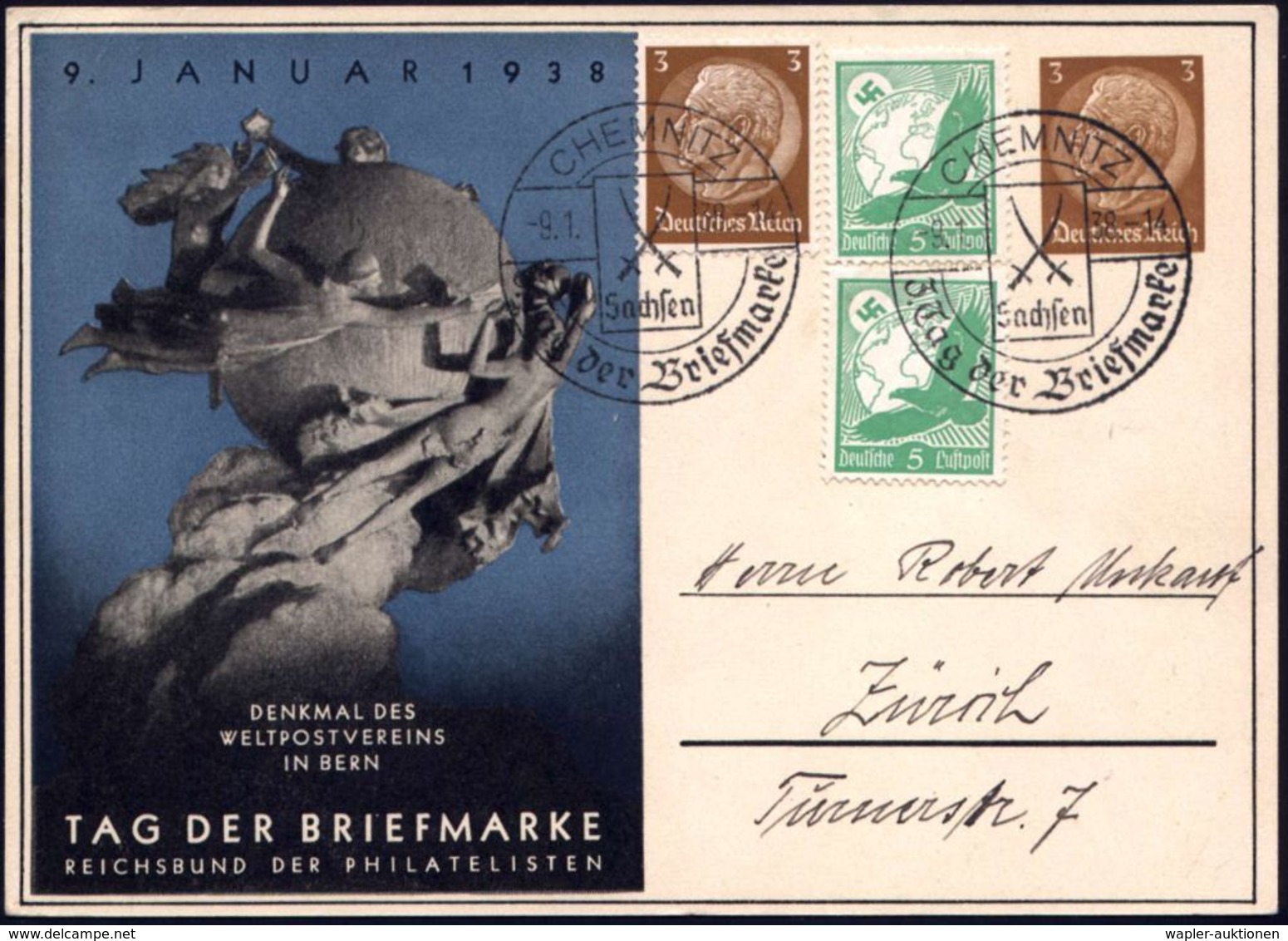 CHEMNITZ/ Sachsen/ 3.Tag Der Briefmarke 1938 (9.1.) SSt (2 Kursschwerter) Auf PP 3 Pf. Hindenbg., Braun: TAG DER BRIEFMA - Dag Van De Postzegel