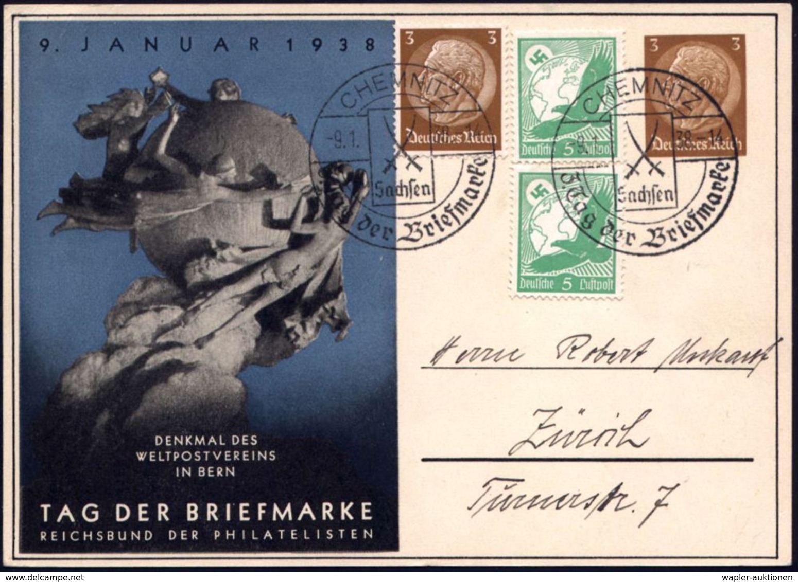 CHEMNITZ/ Sachsen/ 3.Tag Der Briefmarke 1938 (9.1.) SSt (2 Kursschwerter) Auf PP 3 Pf. Hindenbg., Braun: TAG DER BRIEFMA - Journée Du Timbre