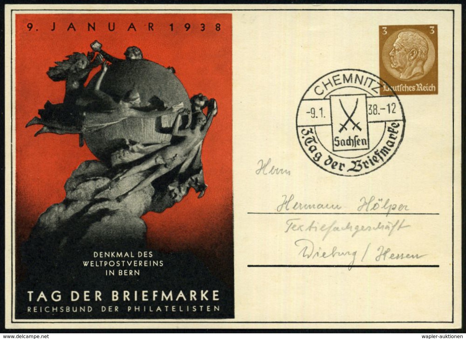 CHEMNITZ/ Sachsen/ 3.Tag Der Briefmarke 1938 (9.1.) SSt Auf PP 3 Pf. Hindenbg., Braun: TAG DER BRIEFMARKE.. = UPU-Denkma - Journée Du Timbre