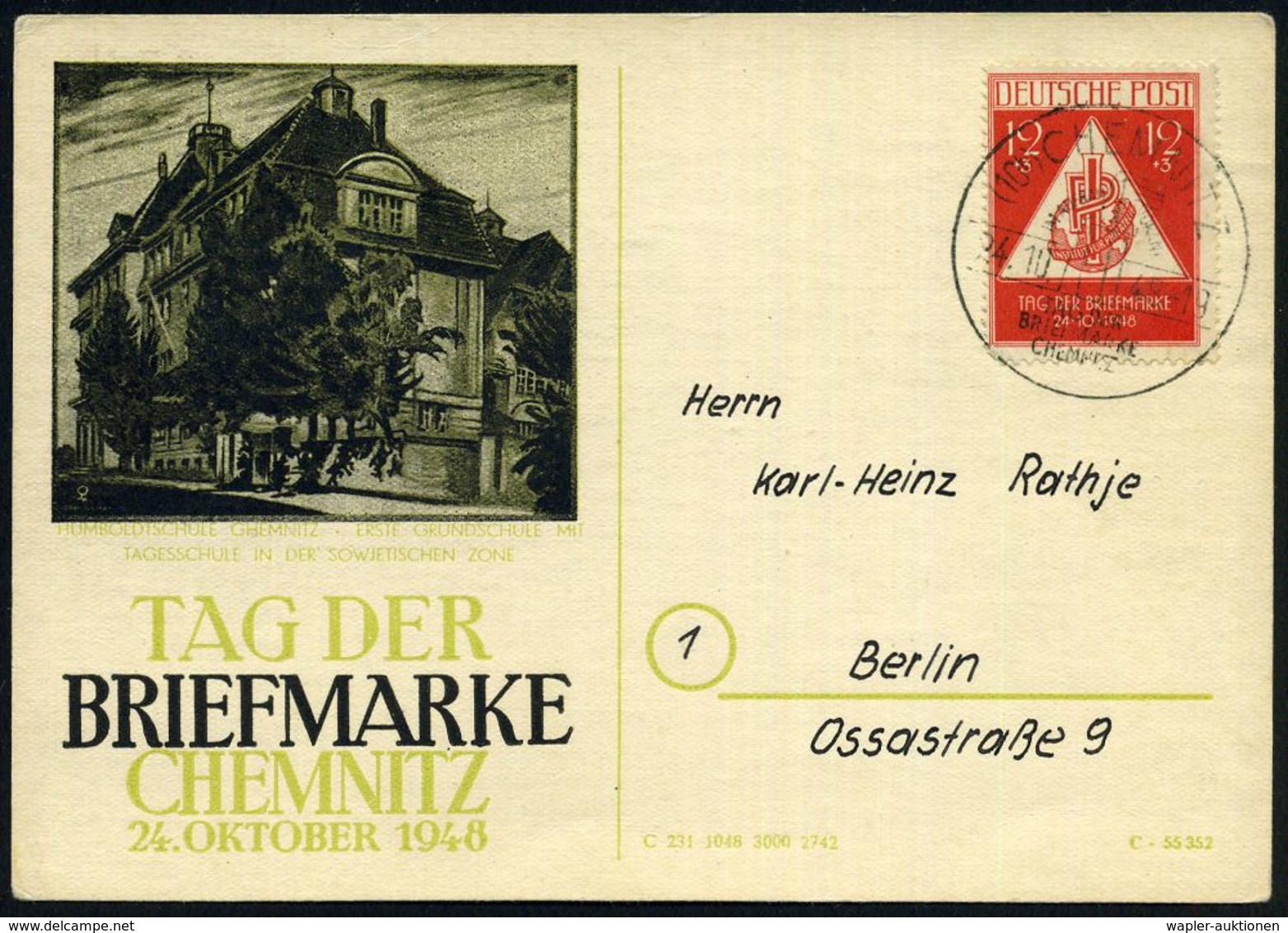 (10b) CHEMNITZ/ IM AUFBAU VORAN!/ TAG DER BRIEFMARKE 1948 (24.10) SSt Auf EF 12 + 3 Pf Tag Der Bruefmarke (Mi.228 EF) So - Tag Der Briefmarke