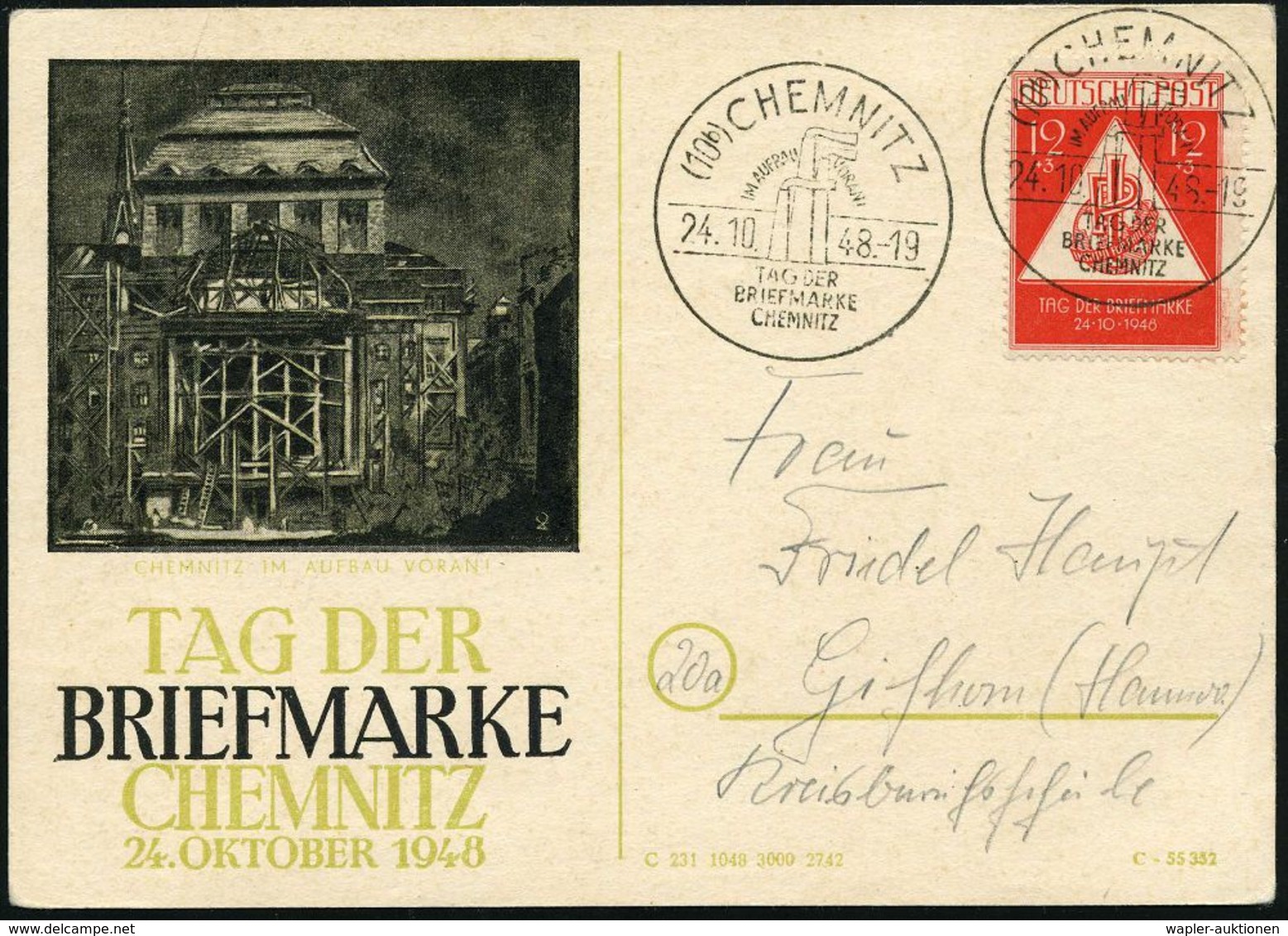 (10b) CHEMNITZ/ IM AUFBAU VORAN!/ TAG DER/ BRIEFMARKE 1948 (24.10.) SSt Auf EF 12 + 3 Pf. Tag Der Briefmarke (Mi. 228 EF - Journée Du Timbre