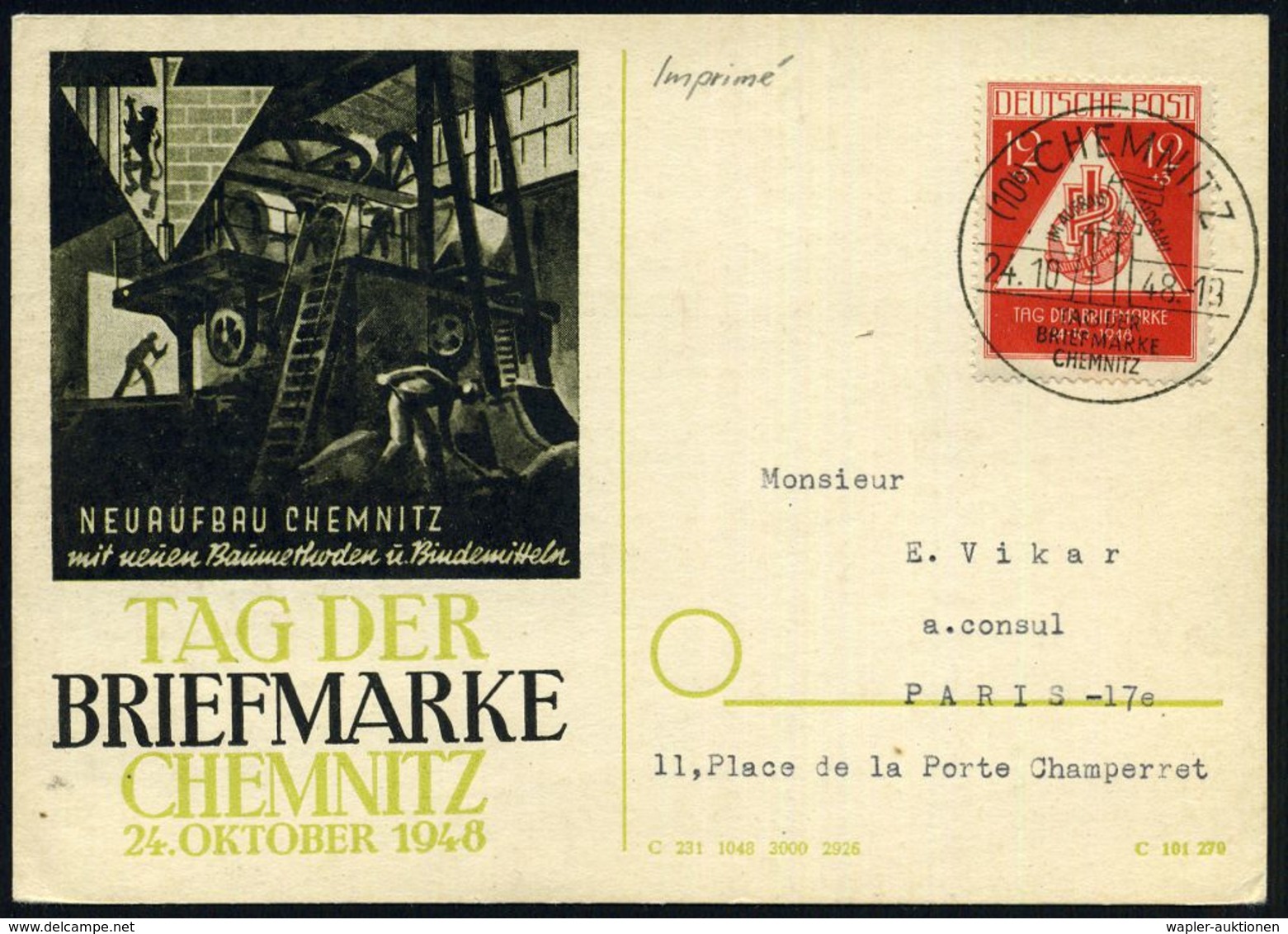 (10b) CHEMNITZ/ IM AUFBAU VORAN!/ TAG DER/ BRIEMARKE 1948 (24.10.) SSt Auf EF 12 + 3 Pf. Tag Der Briefmarke (Mi.228 EF)  - Giornata Del Francobollo