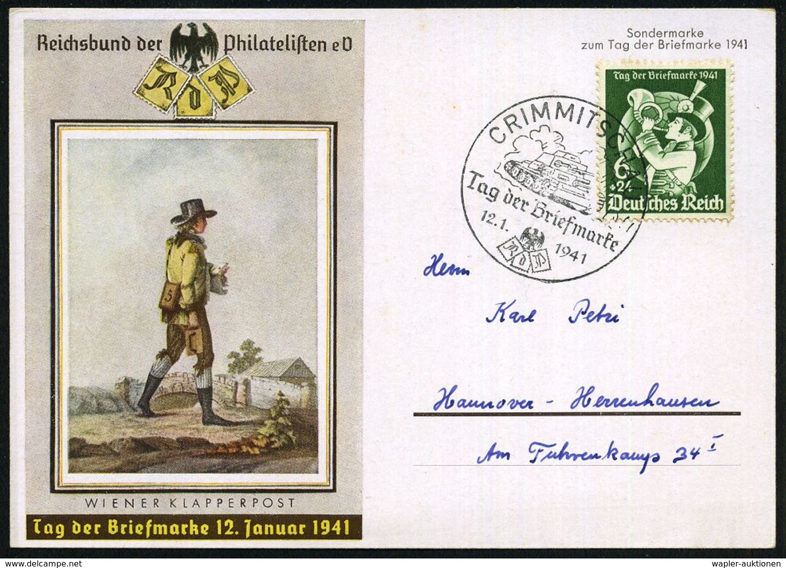 CRIMMITSCHAU/ Tag D.Briefmarke 1941 (12.1.) SSt = Panzer II Auf EF 6 + 24 Pf. Tag Der Briefmarke (Mi.762 EF) Klar Gest.  - Journée Du Timbre