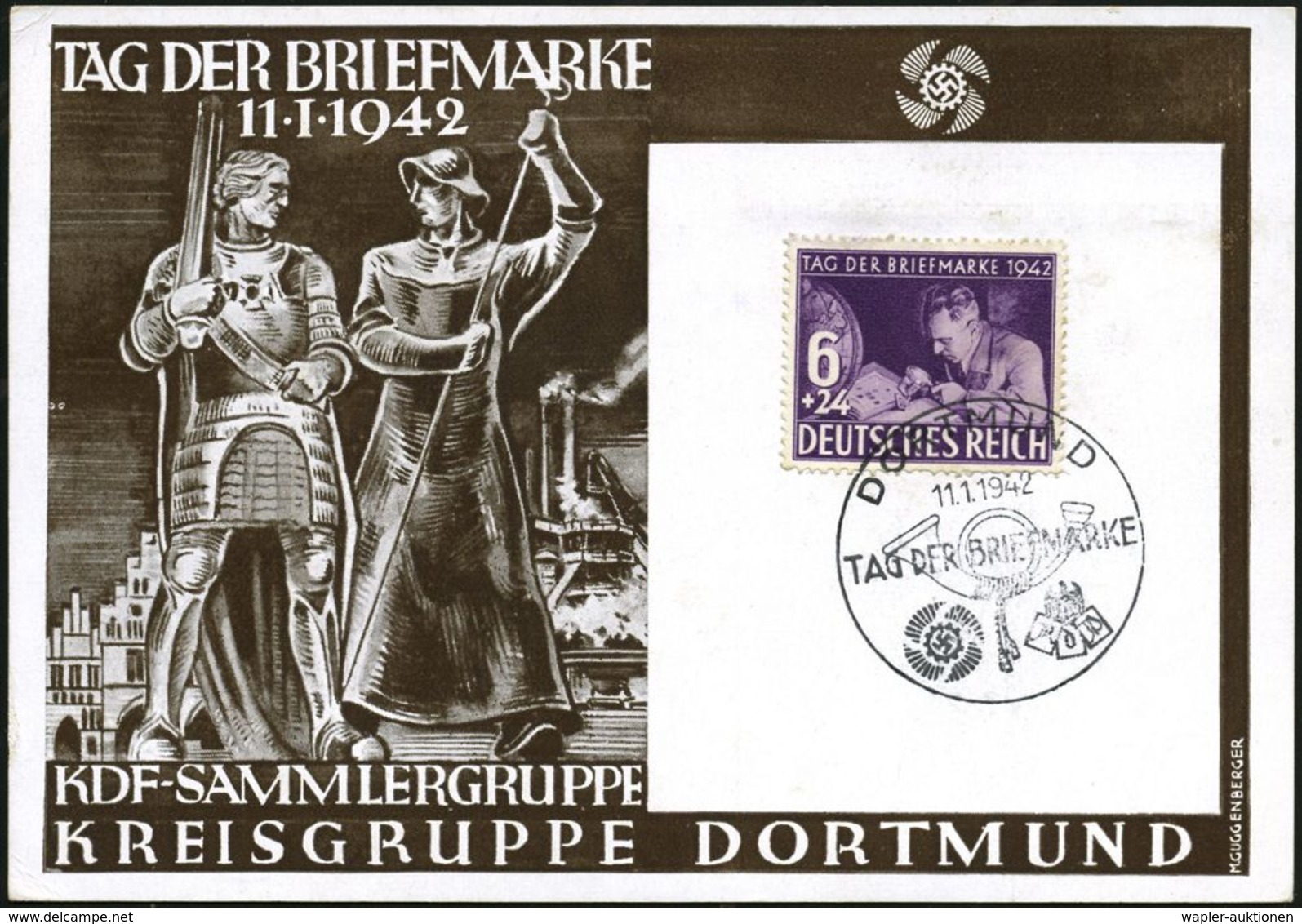 DORTMUND/ TAG DER BRIEFMARKE 1942 (11.1.) SSt (Posthorn) A. EF 6+24 Pf. Tag D.Briefm. (Mi.811) Rs. Auf Seltener Sonder-K - Dag Van De Postzegel