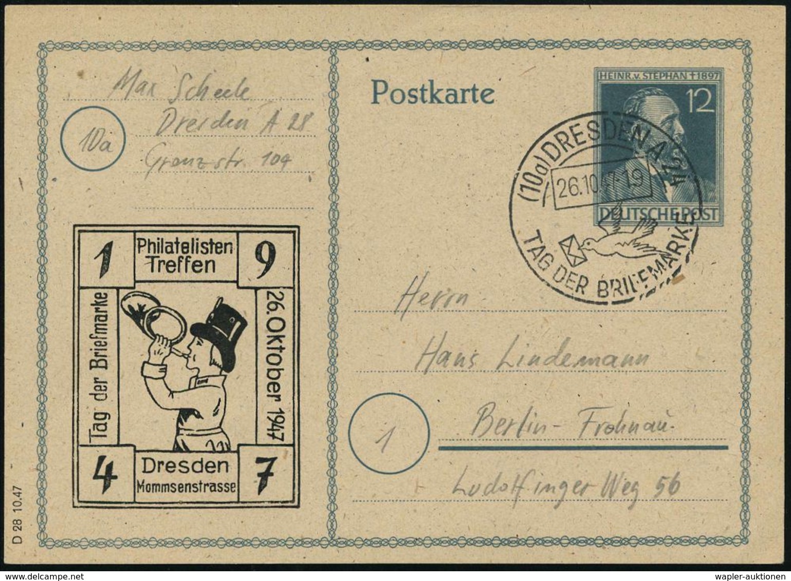 (10a) DRESDEN A24/ TAG DER BRIEFMARKE 1947 (26.10.) SSt (Brieftaube) Auf Amtl. P 12 Pf. Stephan + Zudruck: Philatelisten - Dag Van De Postzegel