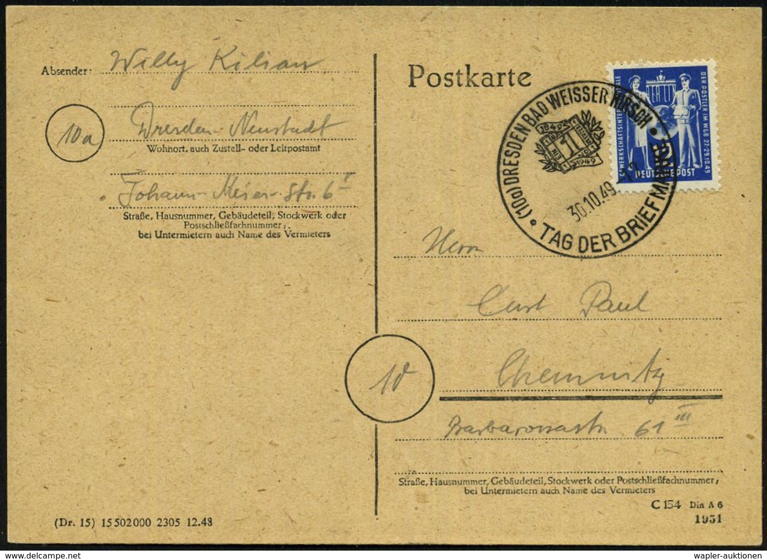 (10a) DRESDEN WEISSER WEISSER HIRSCH/ TAG DER BRIEFMARKE 1949 (30.10.) SSt = Alt-Bayern 1 Kreuzer (= 100 Jahre Briefmark - Journée Du Timbre