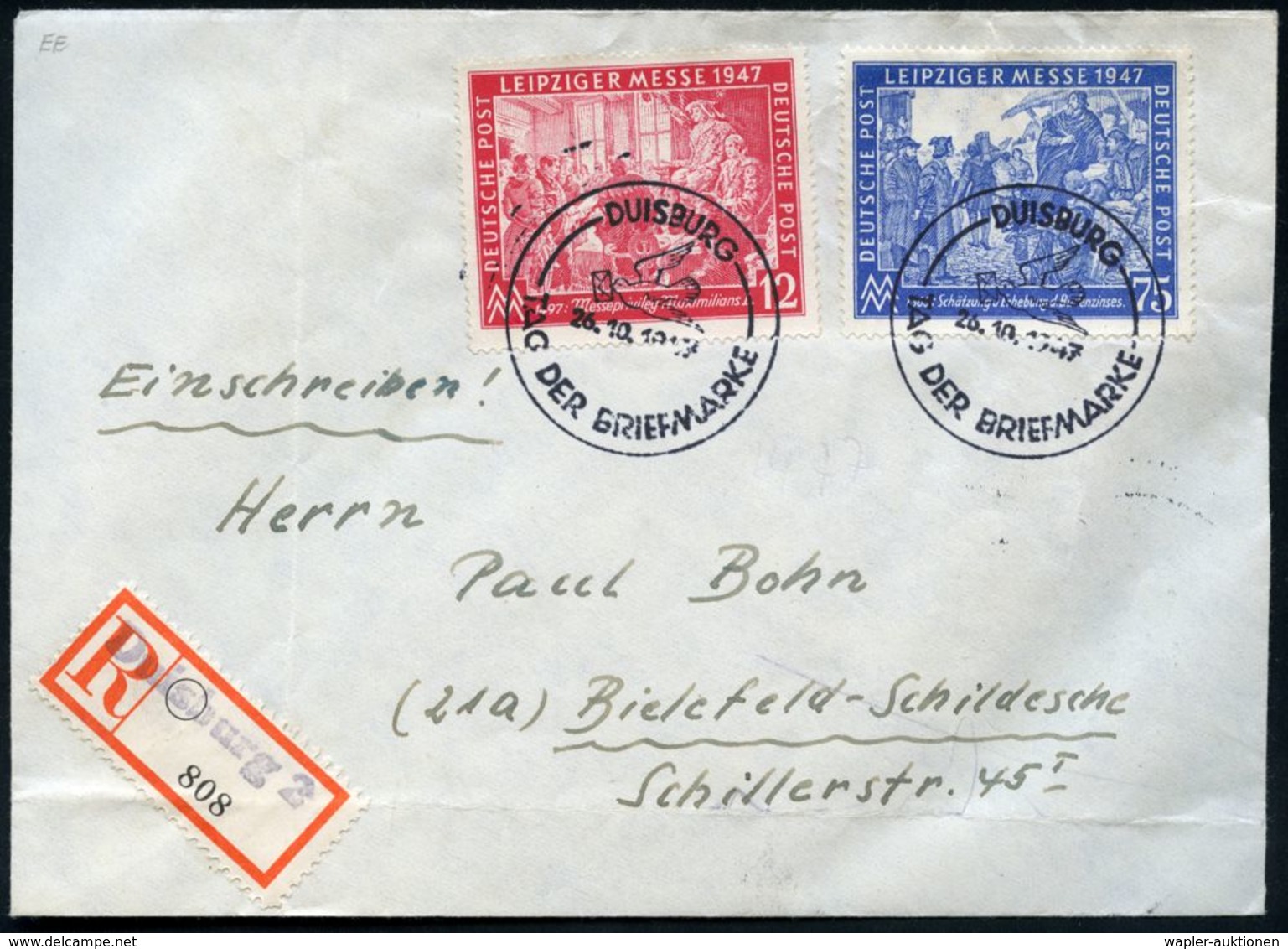 DUISBURG/ TAG DER BRIEFMARKE 1947 (26.10.) SSt (Brieftaube) Kompl.Satz Leipz.Messe (schwache Falten) , Klar Gest. Inl.-R - Giornata Del Francobollo