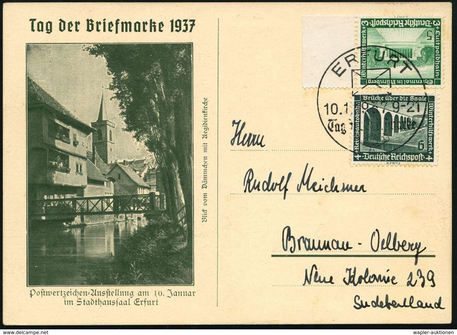 ERFURT/ Tag Der Briefmarke 1937 (10.1.) SSt Auf WHW-Frankatur 5 + 3 Pf. Und 6 + 4 Pf. (Mi.636/37) = 10 Pf. Sondertarif C - Giornata Del Francobollo