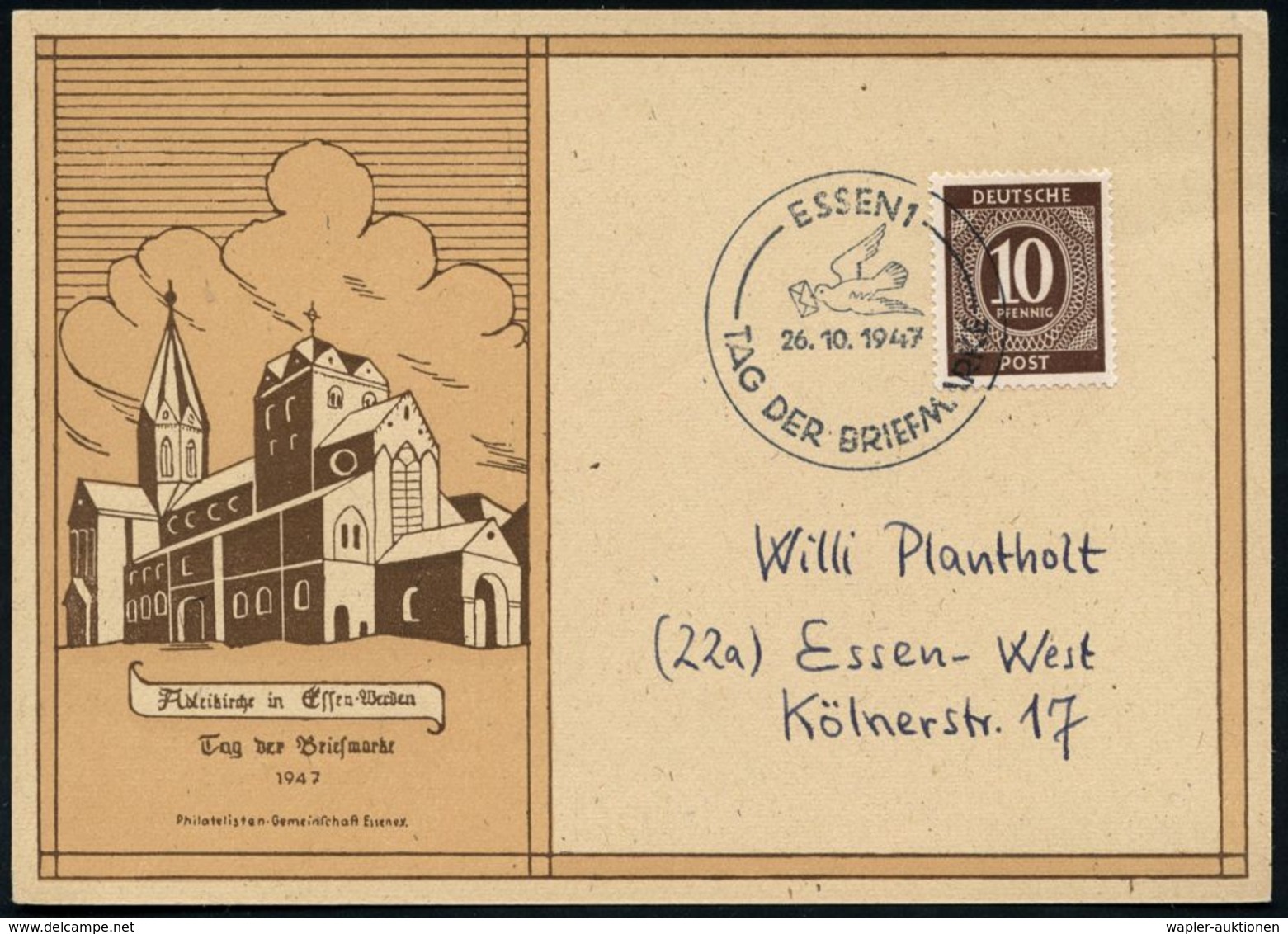 ESSEN 1/ TAG DER BRIEFMARKE 1947 (26.10.) SSt (Brieftaube) Klar Gest. Orts-Sonder-Kt.: Tag Der Briefmarke (Michaelis Nr. - Giornata Del Francobollo