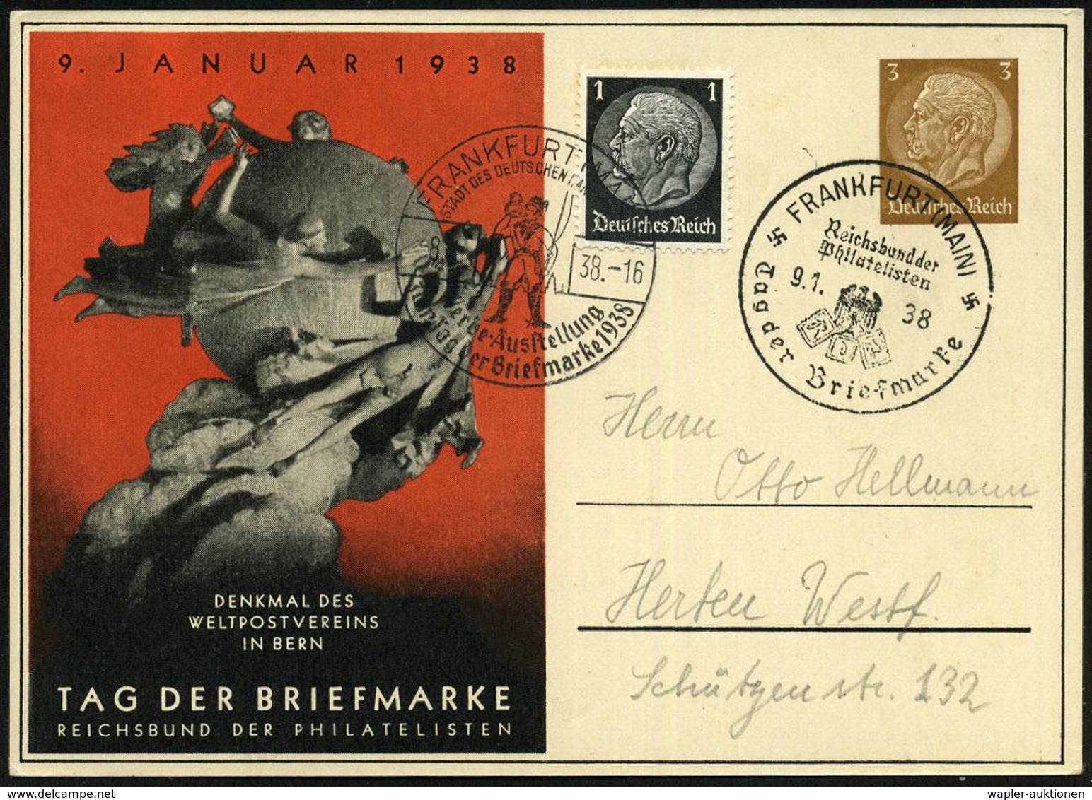 FRANKFURT (MAIN)/ RdPh/ Tag Der Briefmarke 1938 (9.1.) SSt + 2. SSt.: FRANKFURT (MAIN)/SDDH/Werbeausstellung/ Zum Tag De - Journée Du Timbre