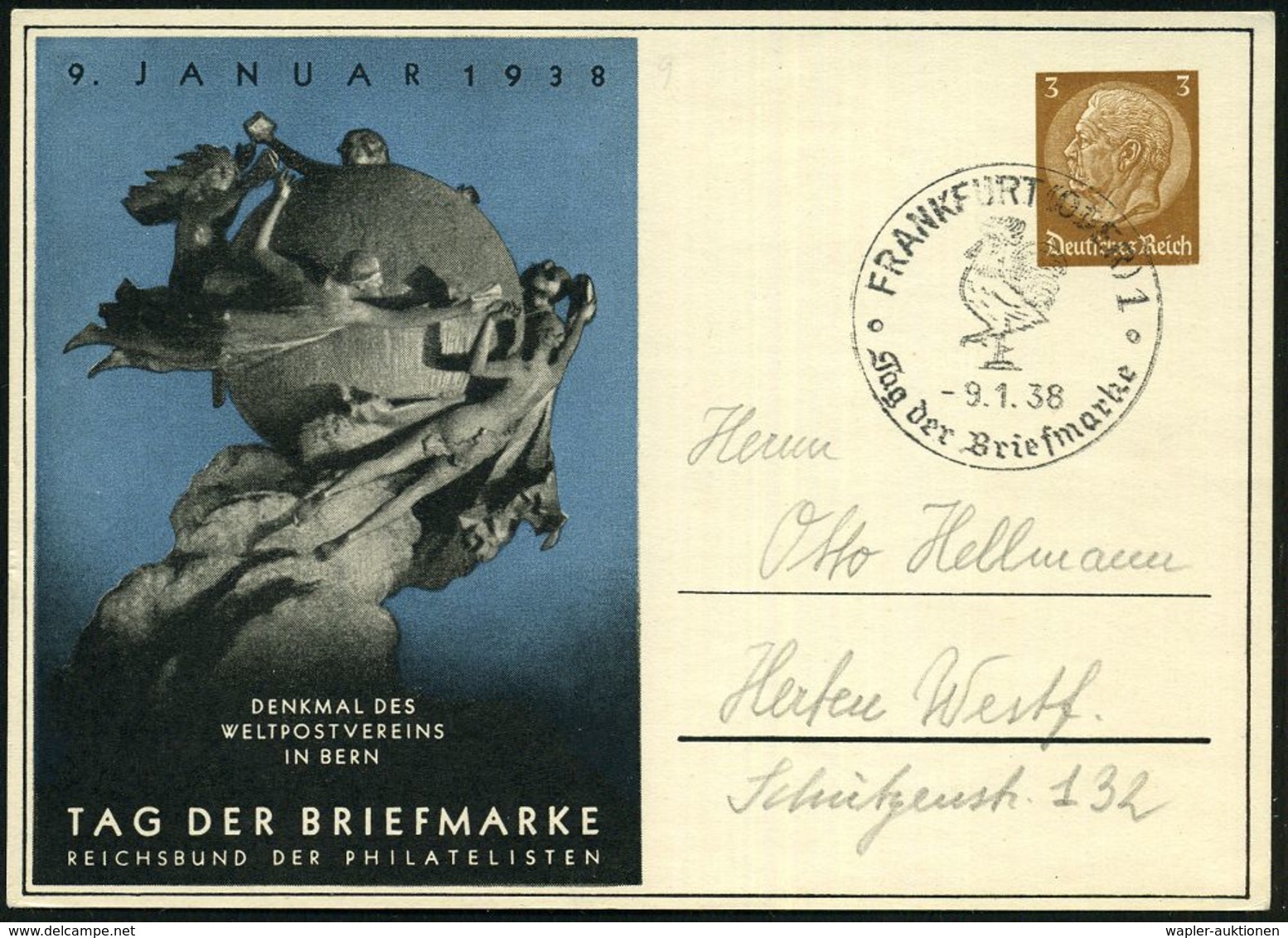 FRANKFURT (ODER) 1/ Tag Der Briefmarke 1938 (9.1.) SSt = Hahn Auf Passender PP 3 Pf. Hindenbg., Braun: TAG DER BRIEFMARK - Giornata Del Francobollo