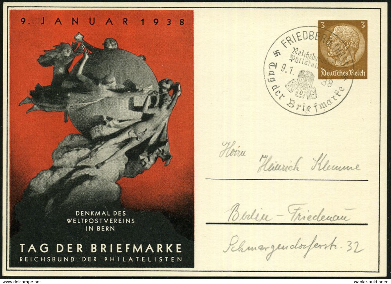 FRIEDBERG (HESS)/ RdPh/ Tag Der Briefmarke 1938 (9.1.) SSt Auf Entspr. PP 3 Pf. Hindenbg., Braun: TAG DER BRIEFMARKE = U - Dag Van De Postzegel