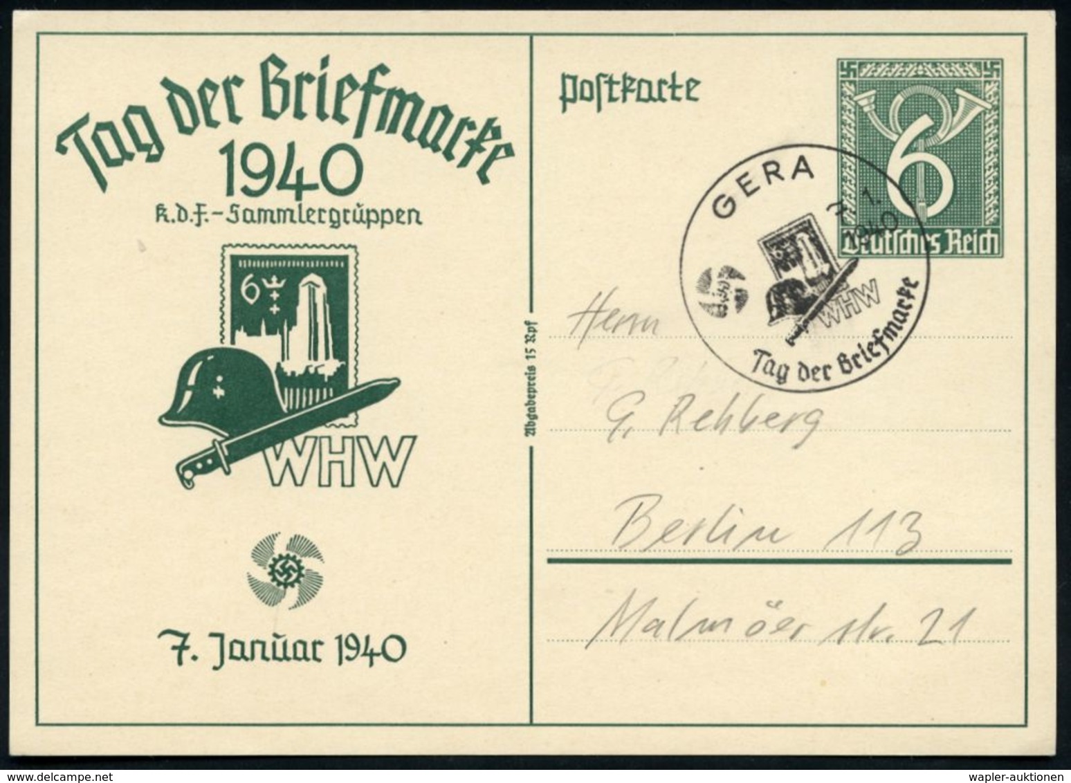 GERA/ WHW/ Tag Der Briefmarke 1940 (7.1.) SSt Auf Motivgleicher Sonder-P 6 Pf. Posthorn, Grün: Tag Der Briefmarke.. WHW  - Giornata Del Francobollo