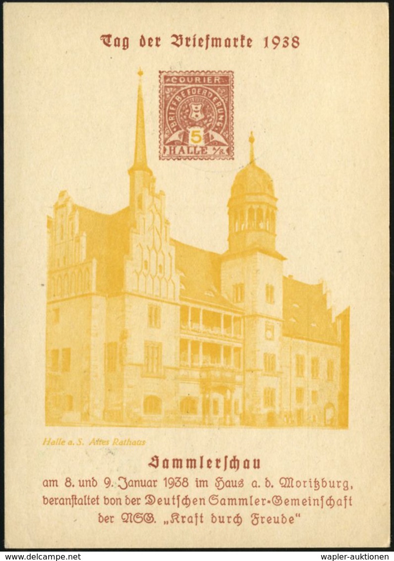 HALLE(SAALE)/ HAENDEL/ DSG/ Sammlerschau 1938 (8.1.) SSt = Händel-Denkmal Auf Color-Sonderkt.: Tag Der Briefmarke.. (Pri - Journée Du Timbre