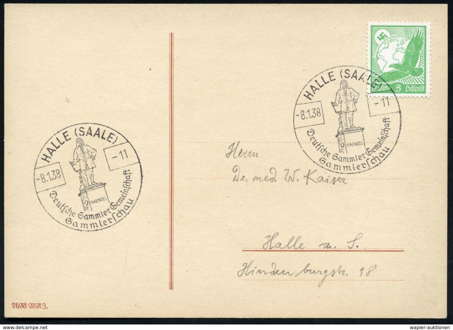 HALLE(SAALE)/ HAENDEL/ DSG/ Sammlerschau 1938 (8.1.) SSt = Händel-Denkmal Auf Color-Sonderkt.: Tag Der Briefmarke.. (Pri - Journée Du Timbre