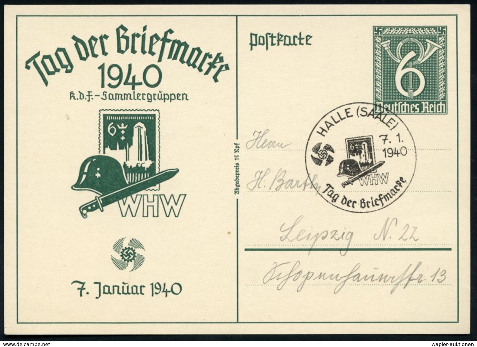 HALLE(SAALE)/ WHW/ Tag Der Briefmarke 1940 (7.1.) SSt Auf Motivgl. Sonder-P. 6 Pf. Posthorn, Grün:  Tag Der Briefmarke.. - Dag Van De Postzegel