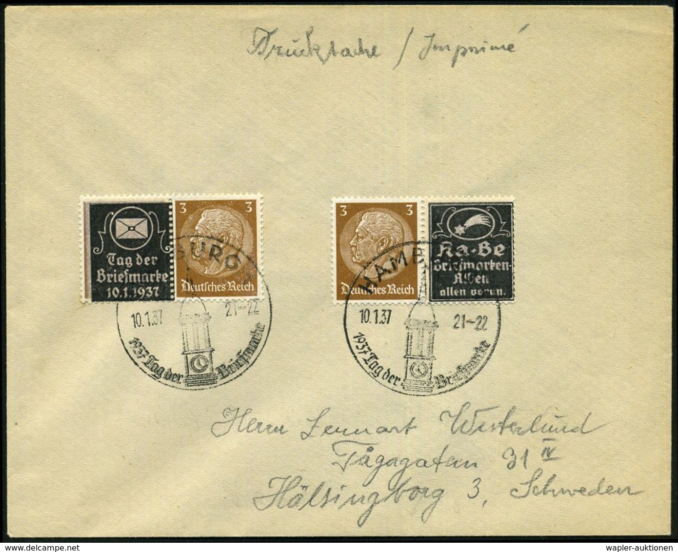 HAMBURG/ Tag Der Briefmarke 1937 (10.1.) SSt = Turm Des "Michels", 2x Auf Privat-Zusammendruck "Tag Der Briefmarke" + 3  - Dag Van De Postzegel