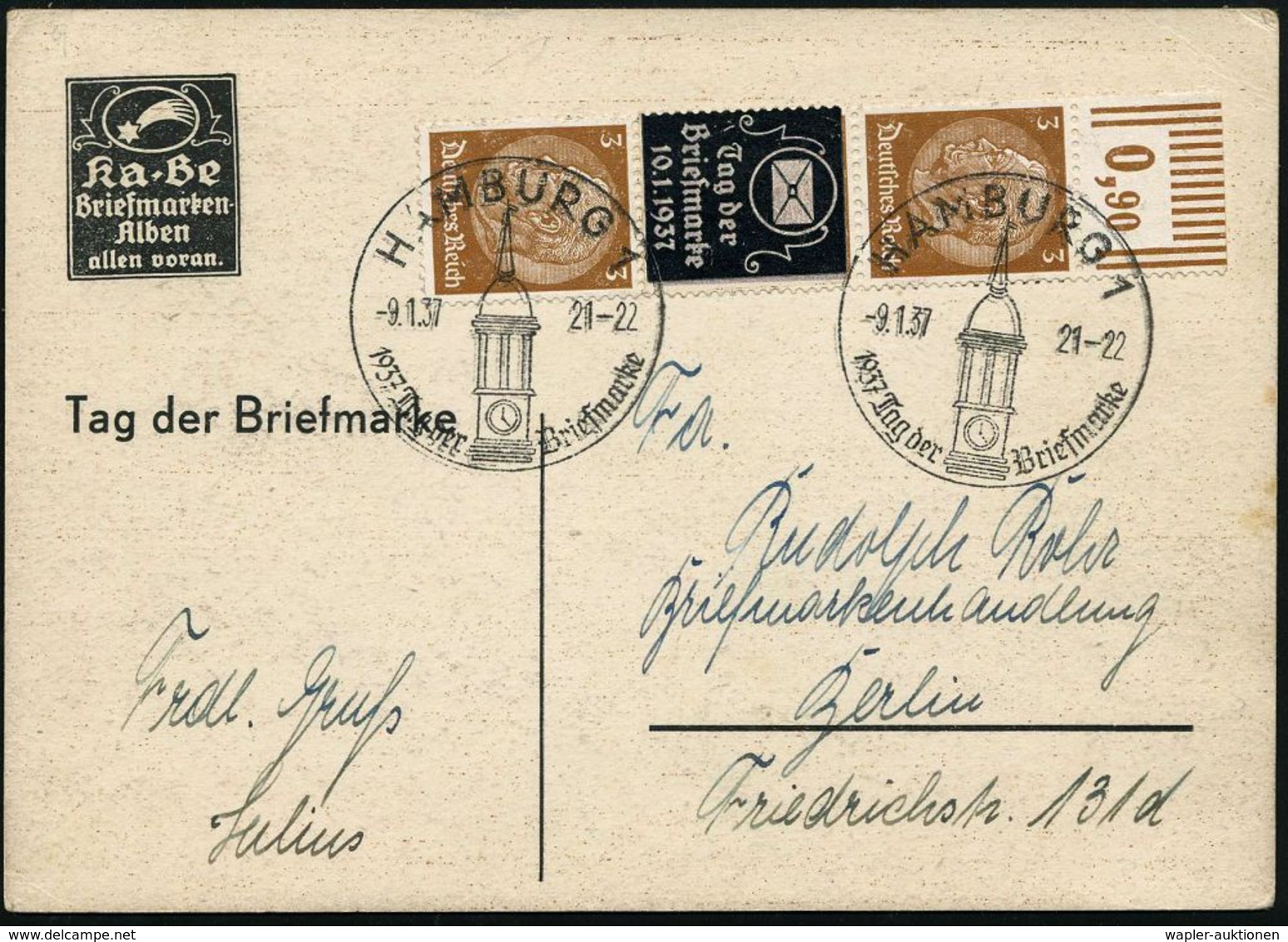 HAMBURG 1/ Tag D.Briefmarke 1937 (9.1.) SSt (Uhrturm Kirche "St. Michael") 2x Auf. Vertikalem Reklame-Zus.Druck 3 Pf. Hi - Dag Van De Postzegel