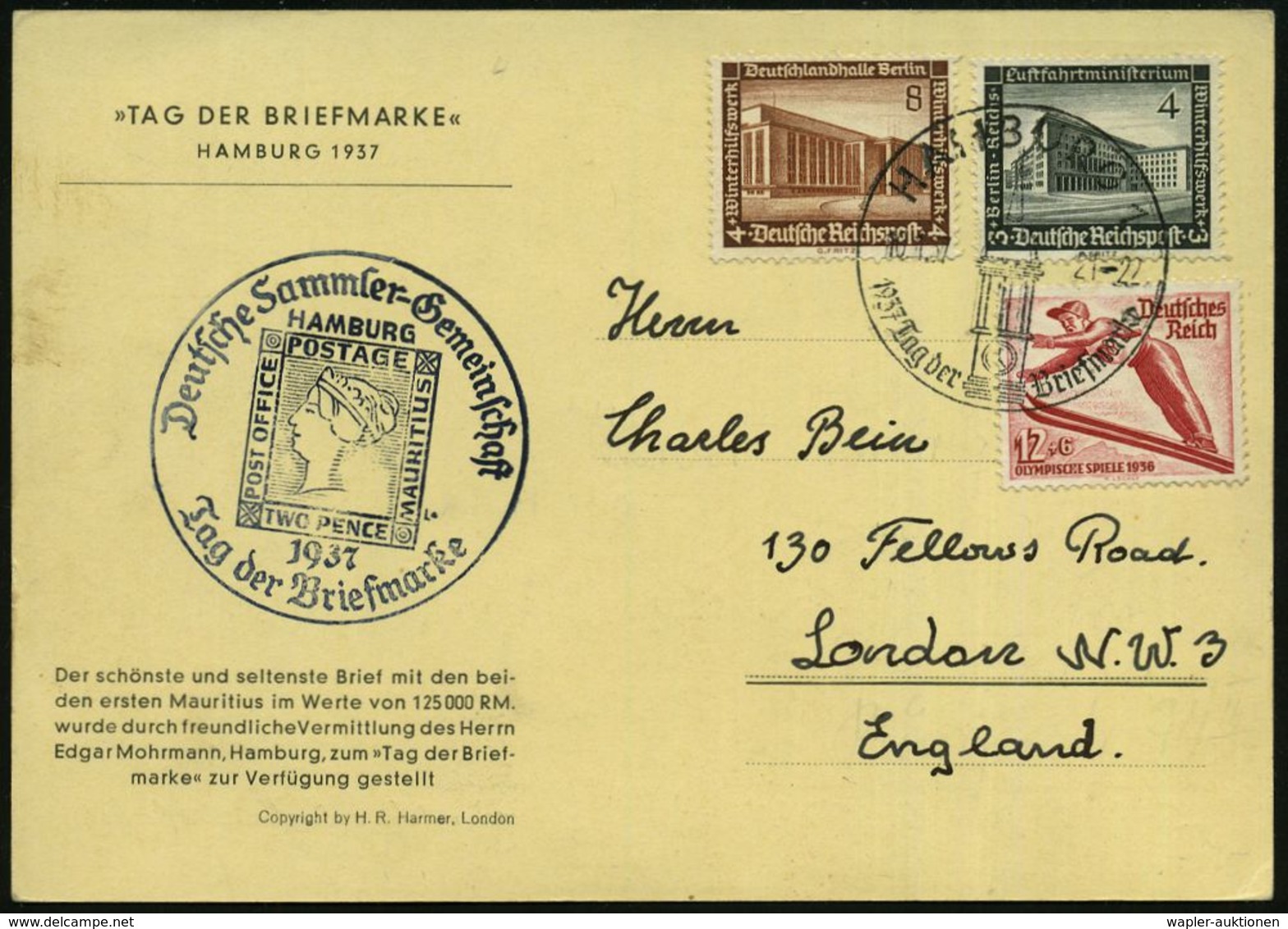HAMBURG 1/ Tag Der Briefmarke 1937 (10.1.) SSt = Turm Der St.-Michaels-Kirche + HdN: DSG/Tag Der Briefmarke In Blauschwa - Giornata Del Francobollo