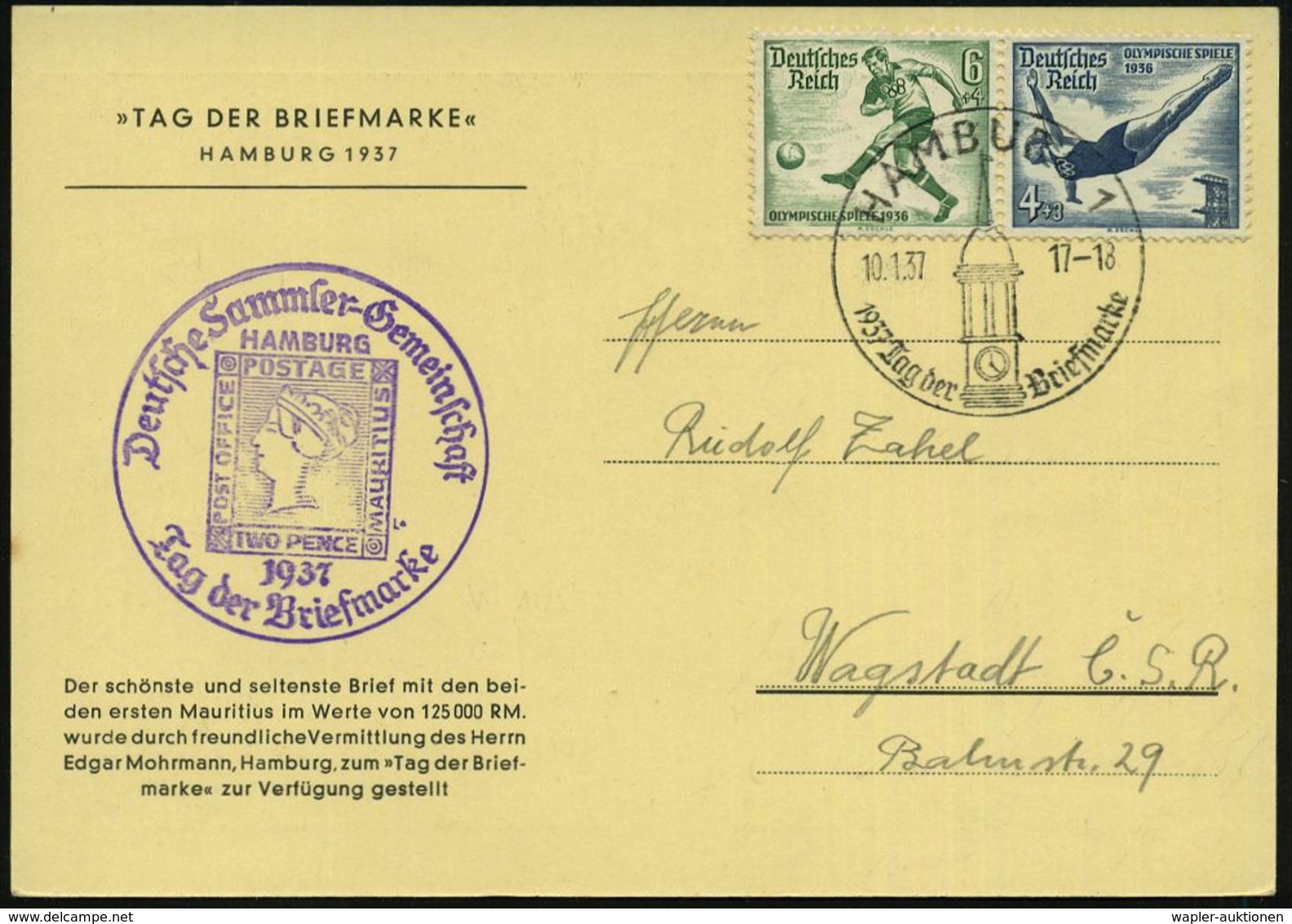 HAMBURG 1/ Tag Der Briefmarke 1937 (9.1.) SSt +  V I O L E T T E R   HdN: DSG/MAURITIUS/POST OFFICE/Tag D.Briefmarke ("B - Giornata Del Francobollo