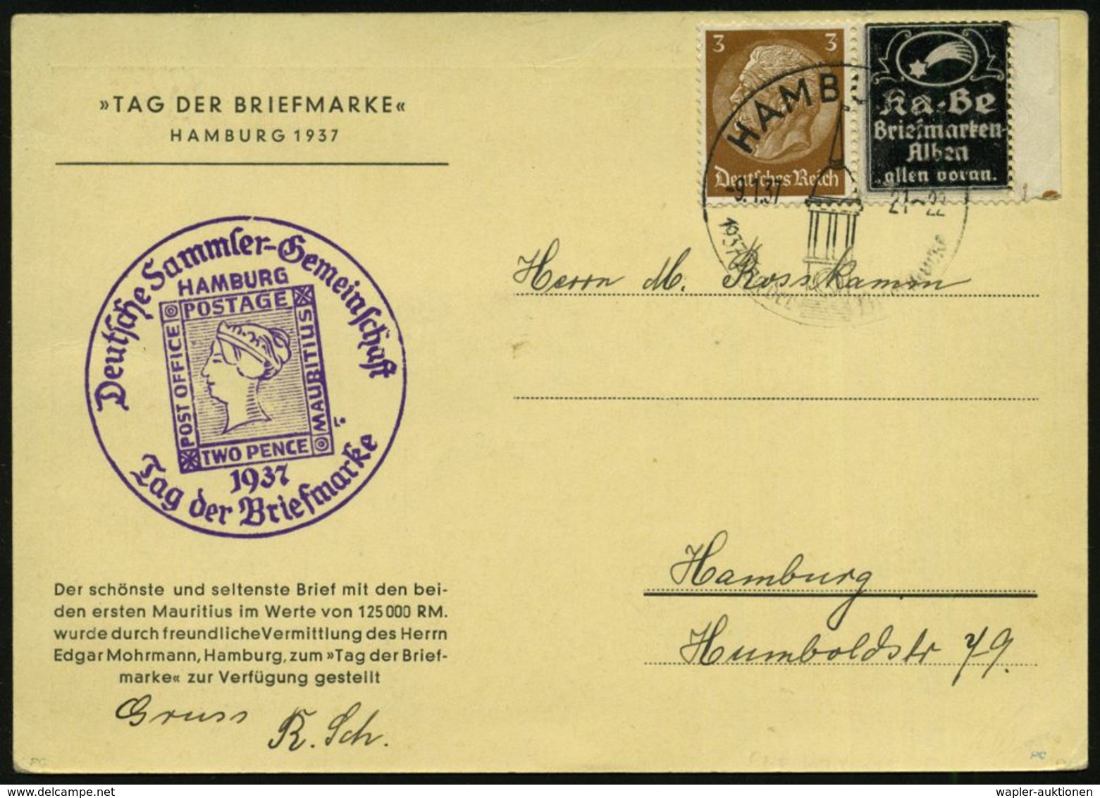 HAMBURG/ Tag Der Briefmarke 1937 (9.1.) SSt (Hamburger "Michel"-Turm) + Viol. HdH: DSG/POST OFFICE/MAURITIUS/Tag D. Brie - Giornata Del Francobollo