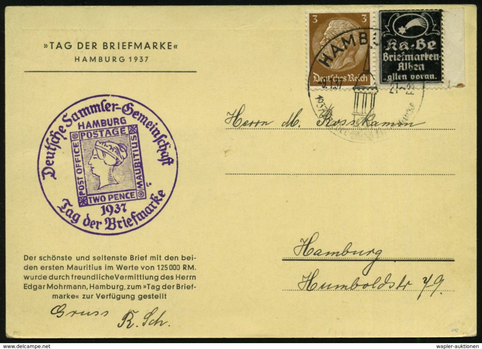 HAMBURG/ Tag Der Briefmarke 1937 (9.1.) SSt (Hamburger "Michel"-Turm) + Viol. HdH: DSG/POST OFFICE/MAURITIUS/Tag D. Brie - Journée Du Timbre