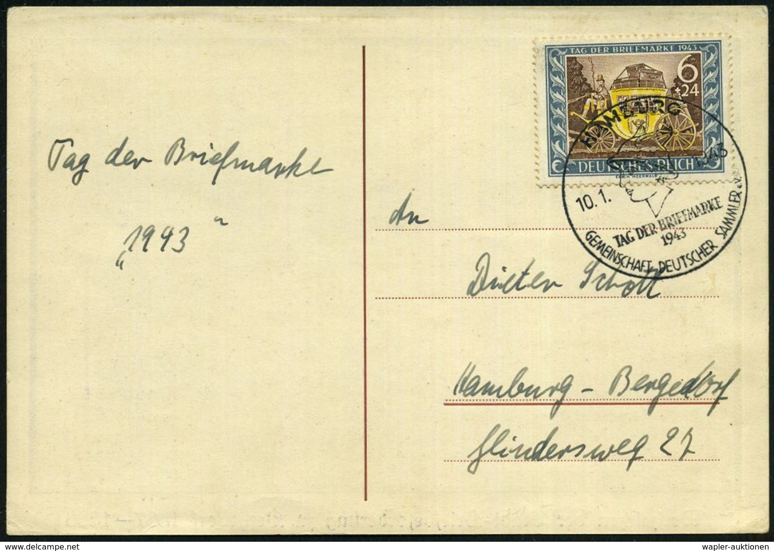 HAMBURG/ TAG DER BRIEFMARKE/ GDS 1943 (10.1.) SSt = Merkurkopf Auf EF 6 + 24 Pf. Tag Der Briefmarke (Mi.828 EF) Monochro - Dag Van De Postzegel