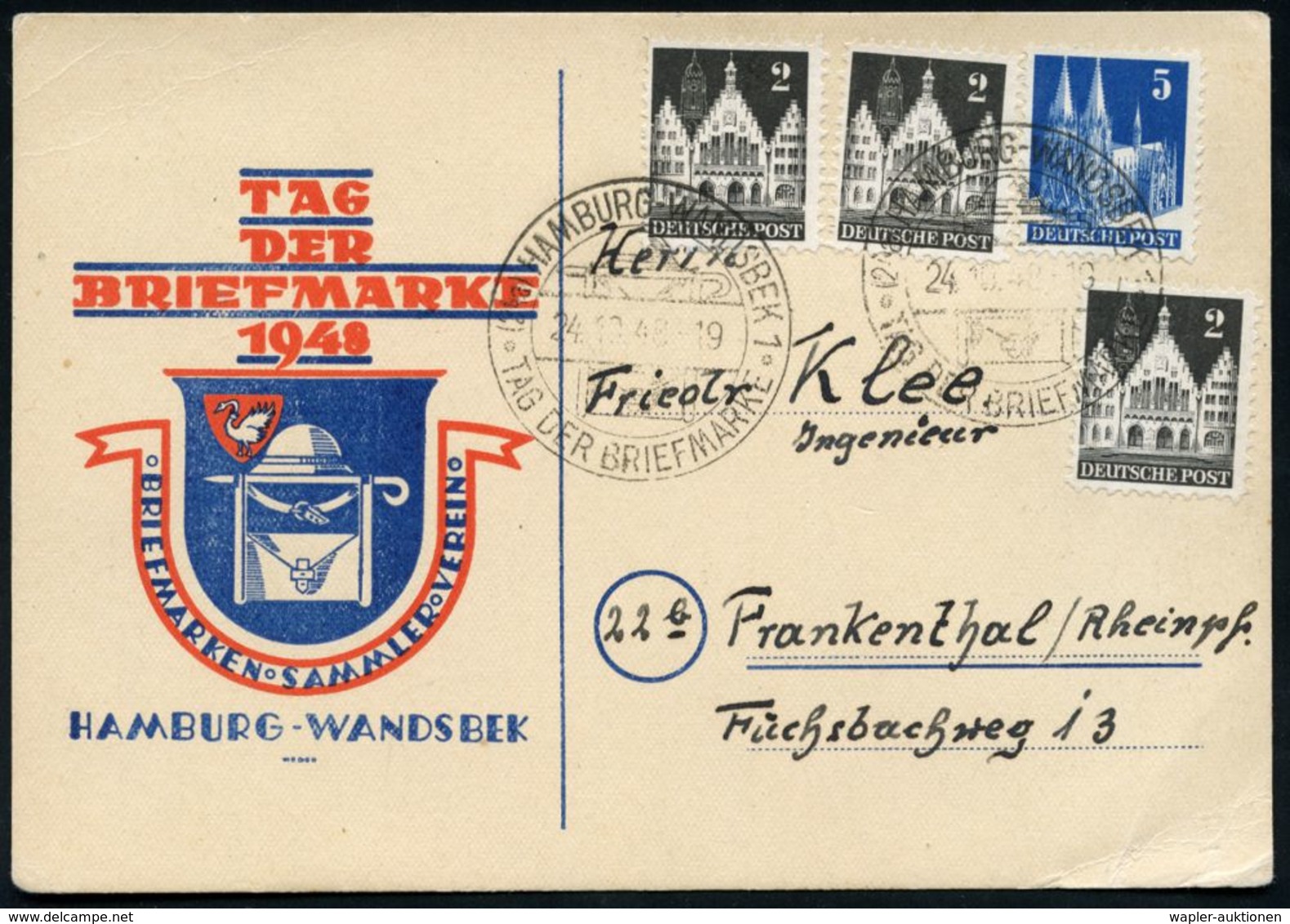 (24a) HAMBURG-WANDSBEK 1/ TAG DER BRIEFMARKE 1948 (24.10.) SSt = Wanderhut, Wanderstock U. Wander-Tasche (= Insignien De - Stamp's Day