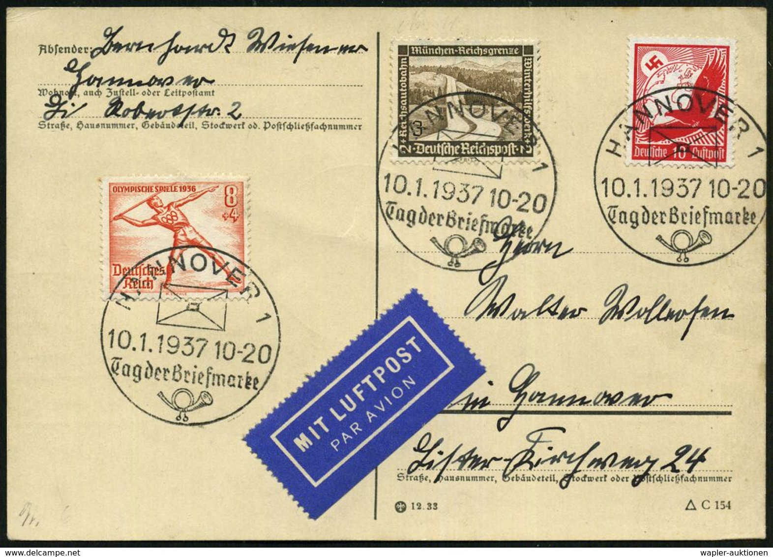 HANNOVER 1/ Tag D.Briefmarke 1937 (10.1.) SSt 3x Klar Auf Portorichtigem Inl.-Flp.-Karte (Bo.39) - - Giornata Del Francobollo