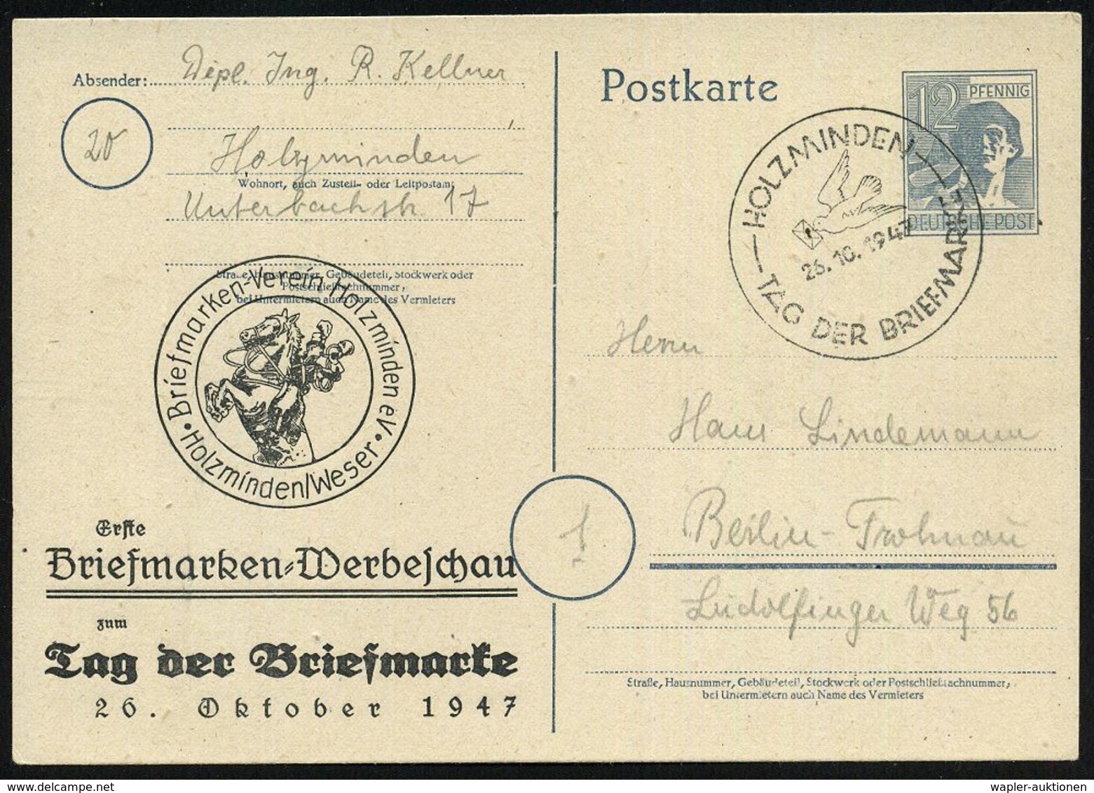 HOLZMINDEN/ TAG DER BRIEFMARKE 1947 (26.10.) SSt (Brieftaube) Auf Amtl. P. 12 Pf.Arbeiter + Zudruck: BSV Holzminden.. Ta - Giornata Del Francobollo