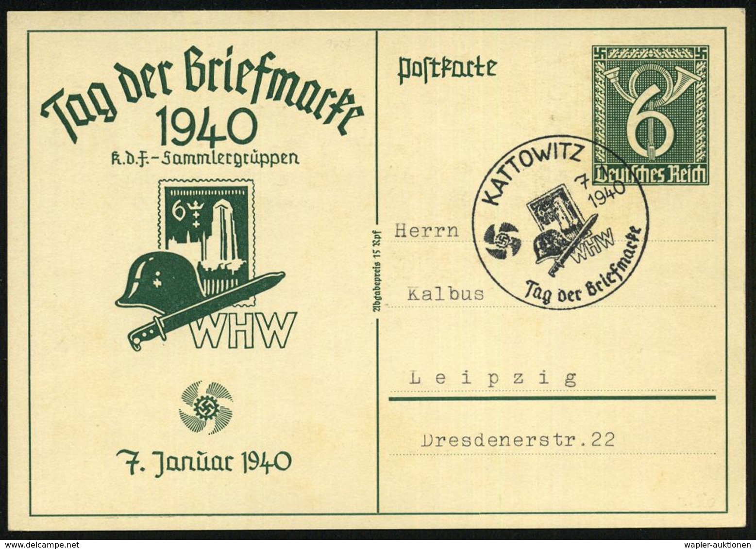 KATTOWITZ/ WHW/ Tag Der Briefmarke 1940 (7.1.) SSt Auf Motivgl. Sonder-P. 6 Pf. Posthorn, Grün: Tag Der Briefmarke.. WHW - Giornata Del Francobollo