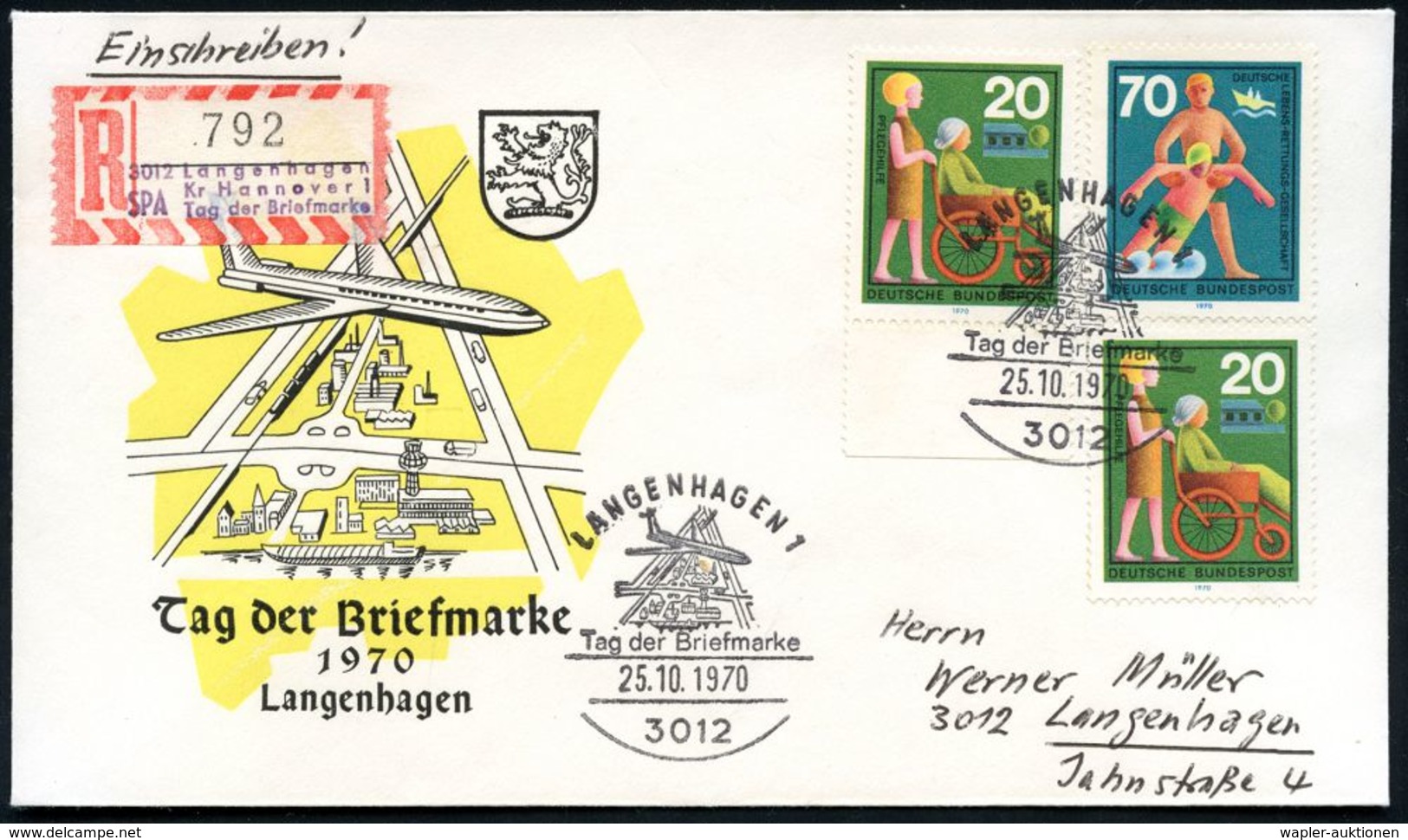 3012 LANGENHAGEN 1/ Tag D.Briefmarke 1970 (25.10.) SSt (Autobahn-Dreieck, Jet) + Seltener, Provis. Sonder-RZ: 3012 Lange - Journée Du Timbre